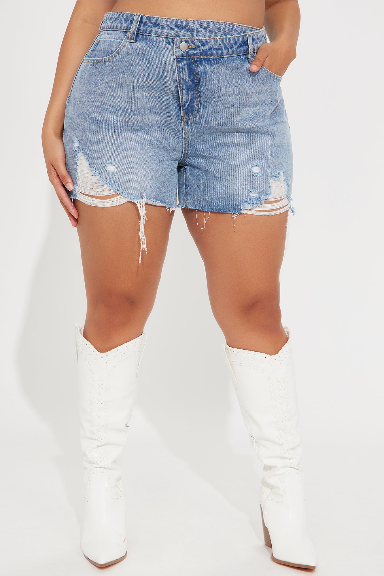 Out Of Line Ripped Crossover Denim Shorts - Medium Wash - Image 5