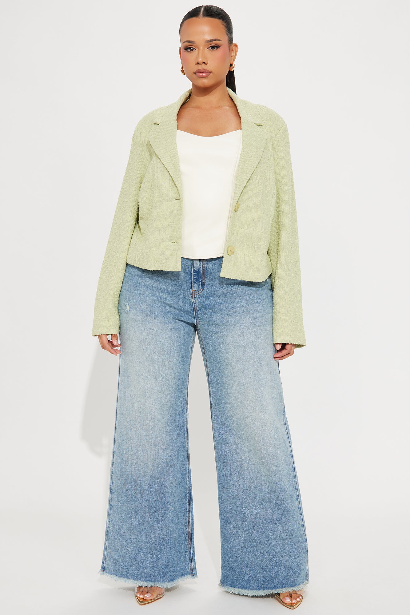 Dana Cropped Solid Tweed Blazer - Sage - Image 6