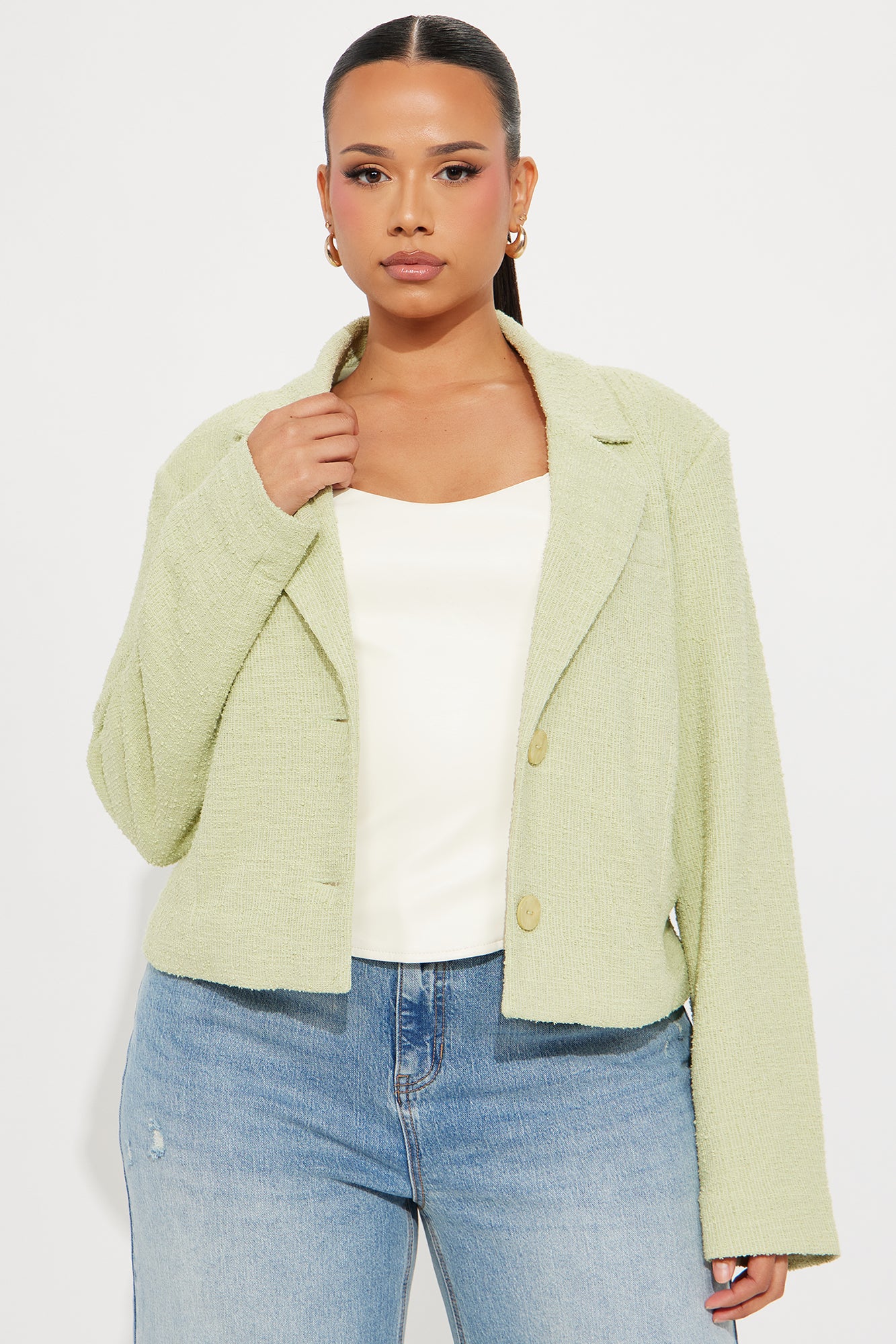 Dana Cropped Solid Tweed Blazer - Sage - Image 5