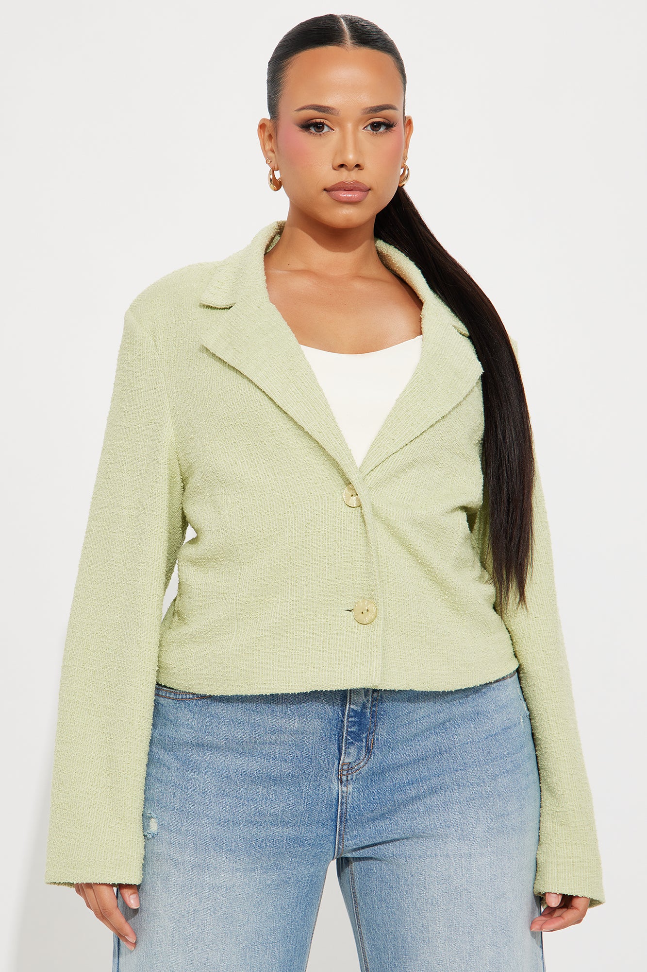 Dana Cropped Solid Tweed Blazer - Sage - Image 7
