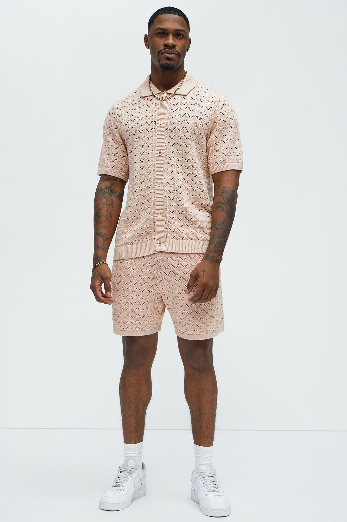 Waterfall Texture Open Knit Shorts - Mauve - Image 3