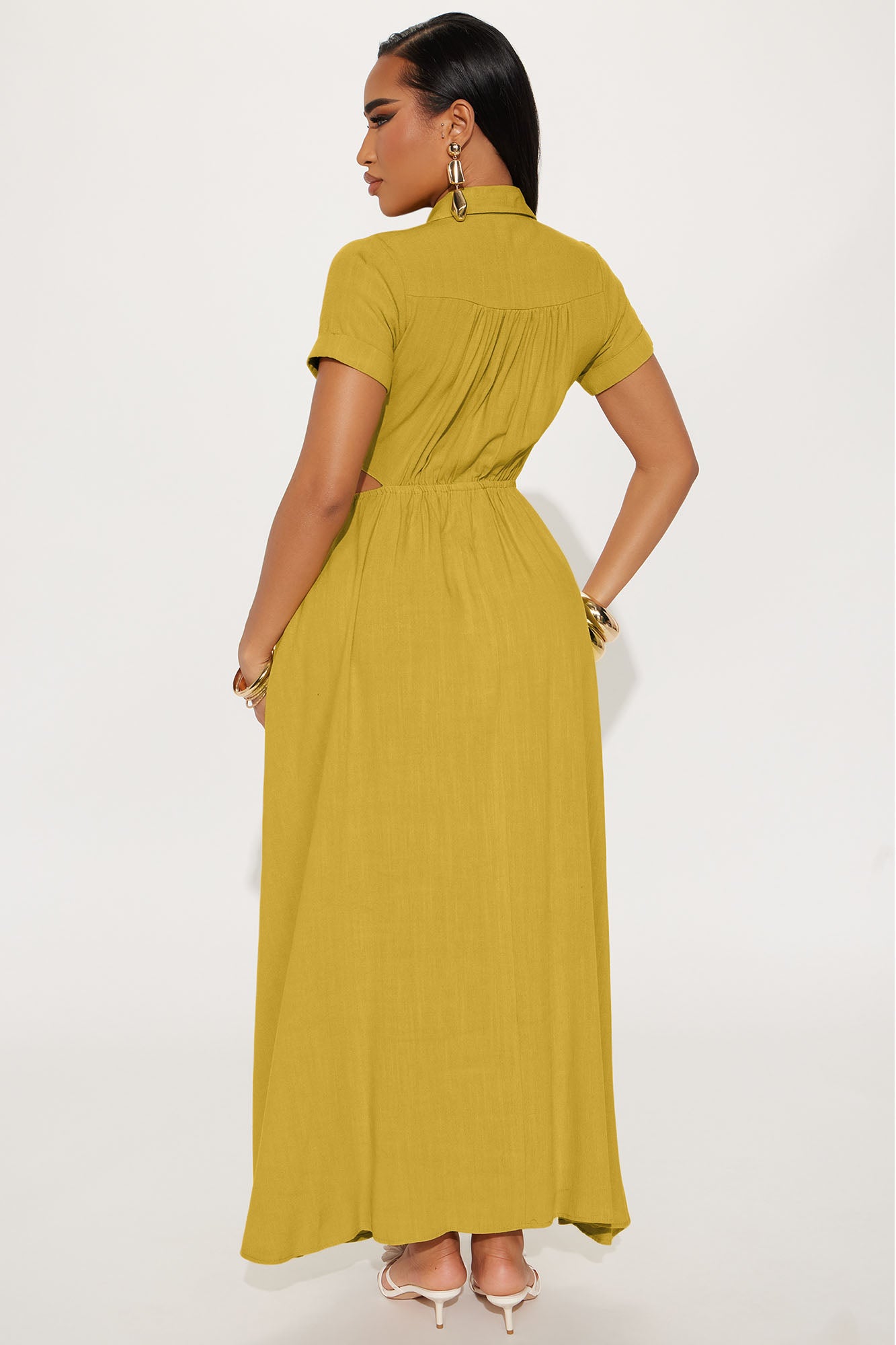 Linen Maxi Shirt Dress - Mustard - Image 3