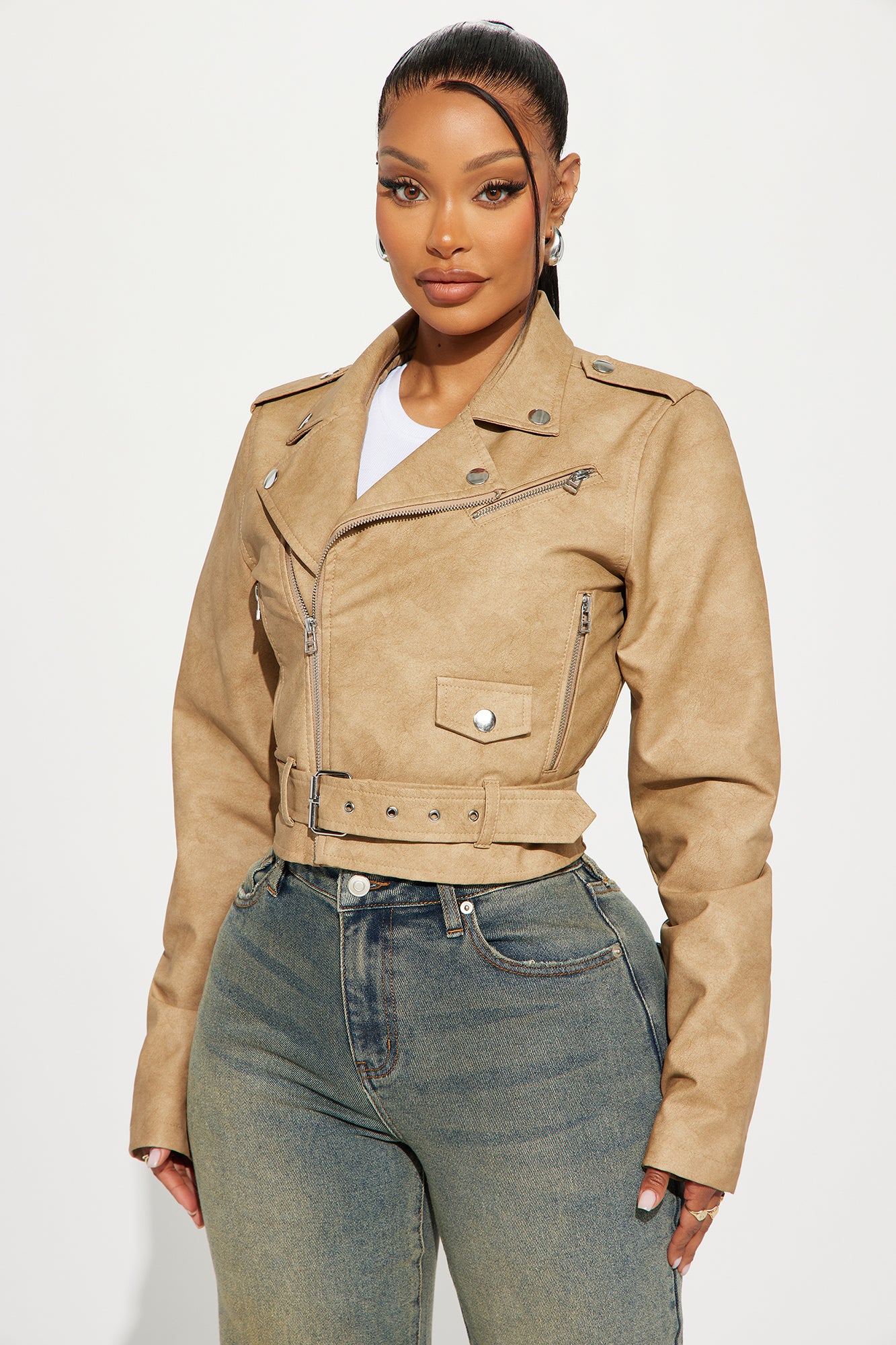 Amala Washed Faux Leather Moto Jacket - Khaki - Image 3