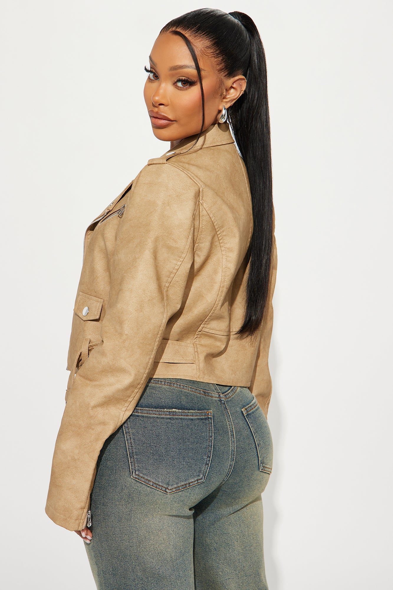 Amala Washed Faux Leather Moto Jacket - Khaki - Image 4