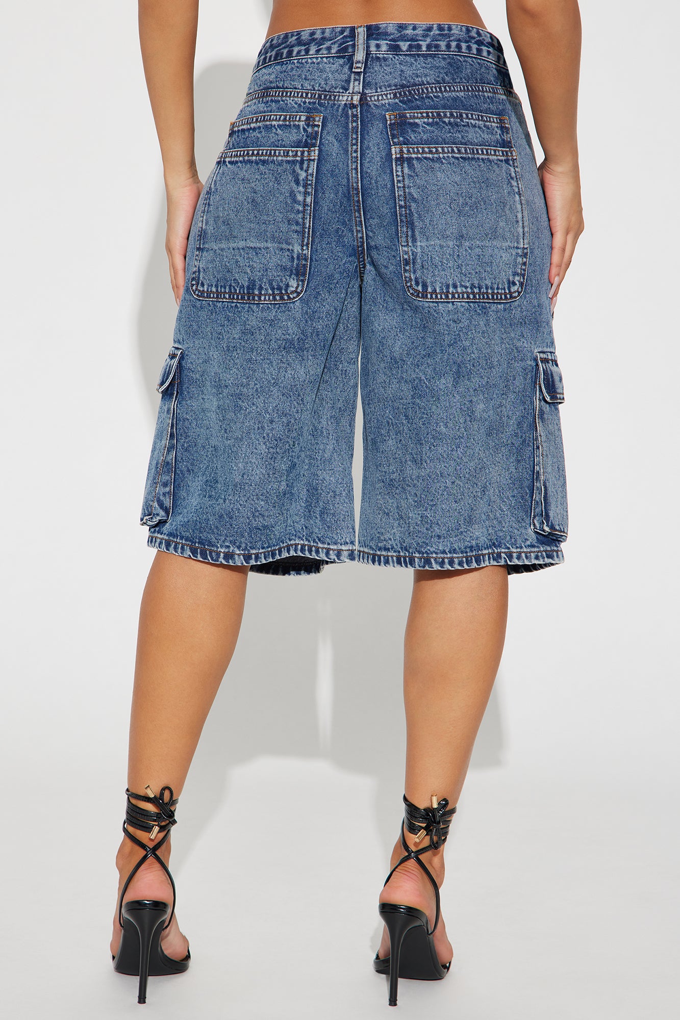 Frankie Acid Wash Cargo Denim Jorts - Medium Wash - Image 3