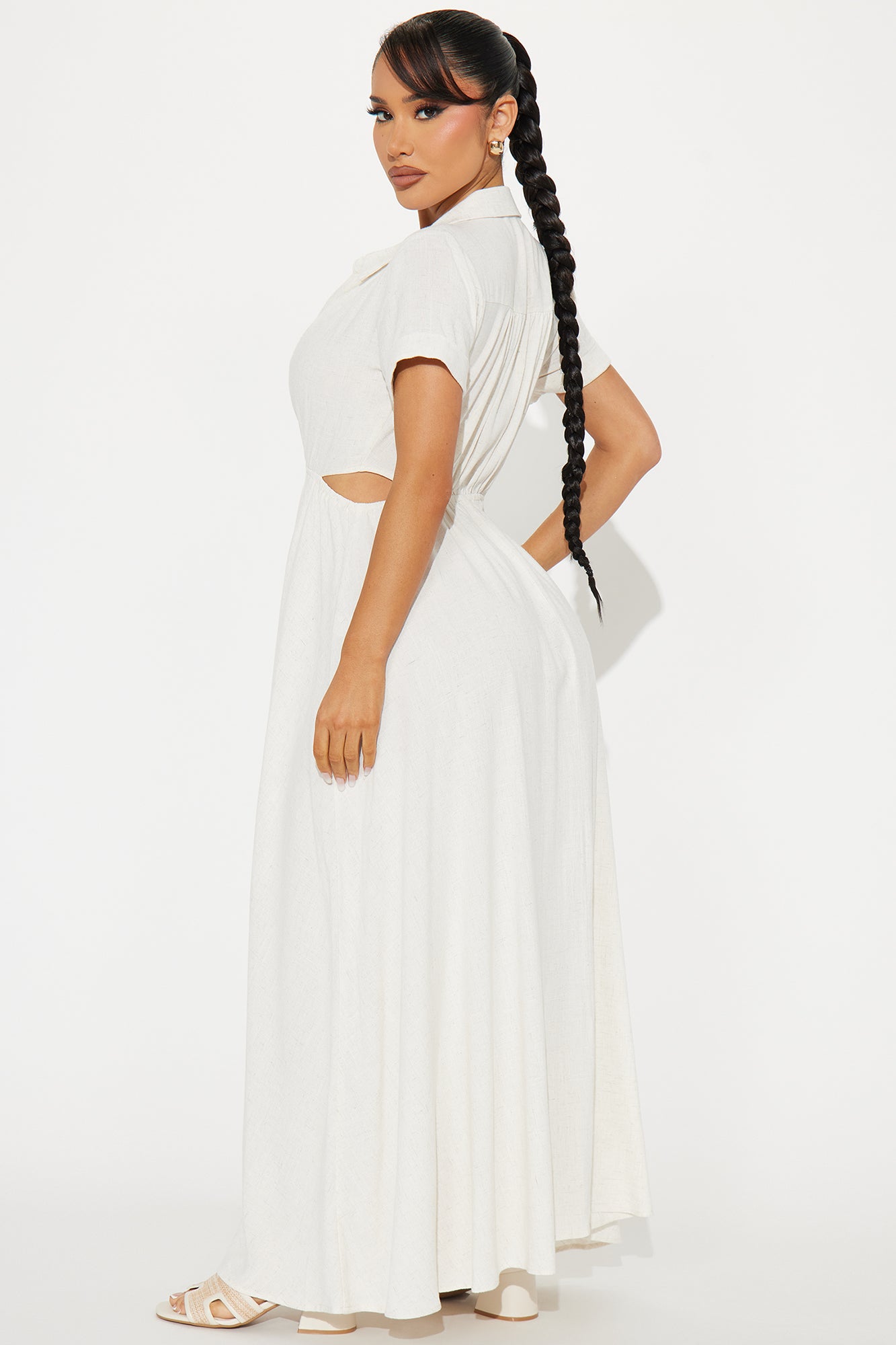 Linen Maxi Shirt Dress - Oatmeal - Image 3