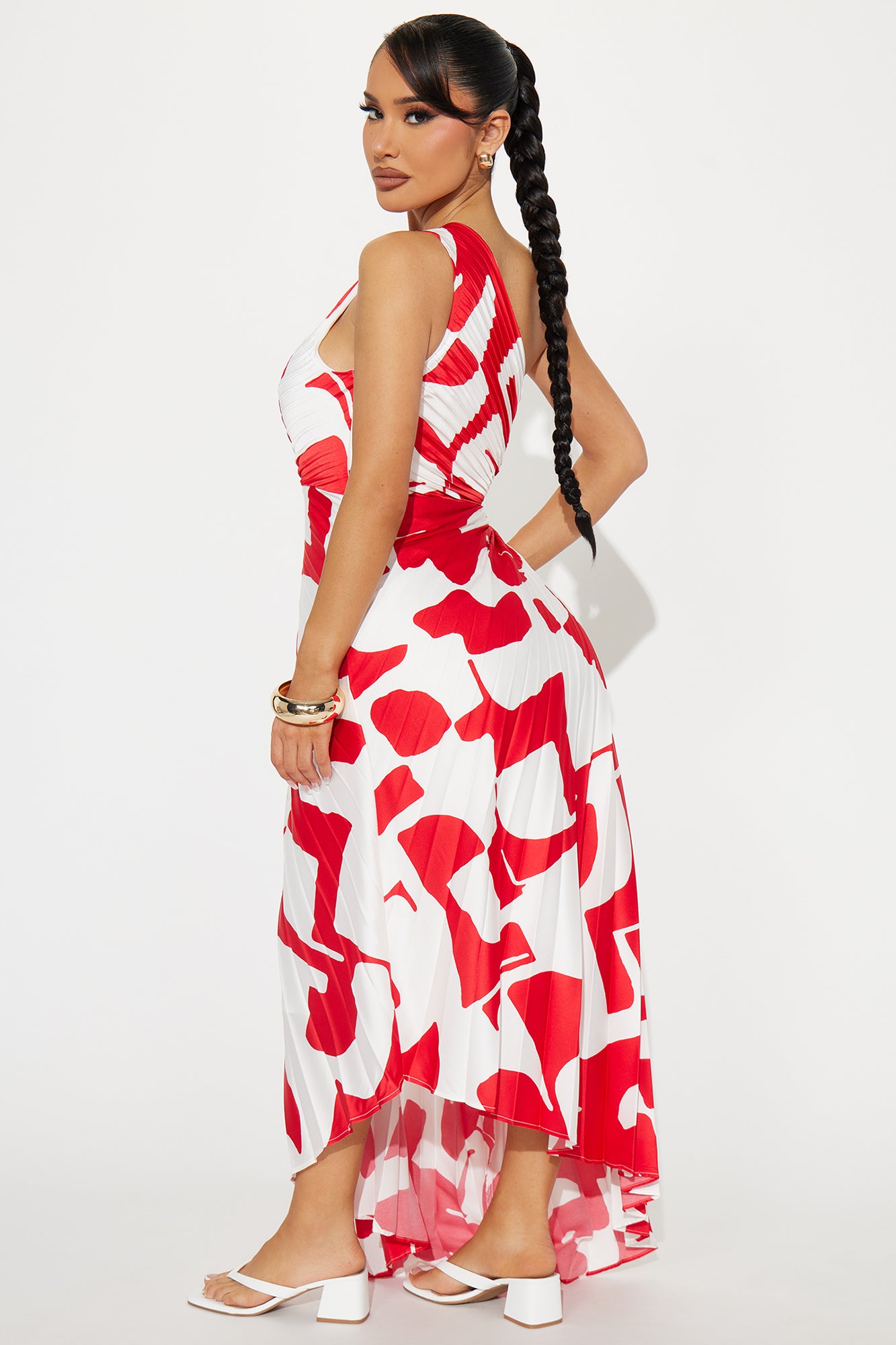 Tia Satin Midi Dress - Red/White - Image 3
