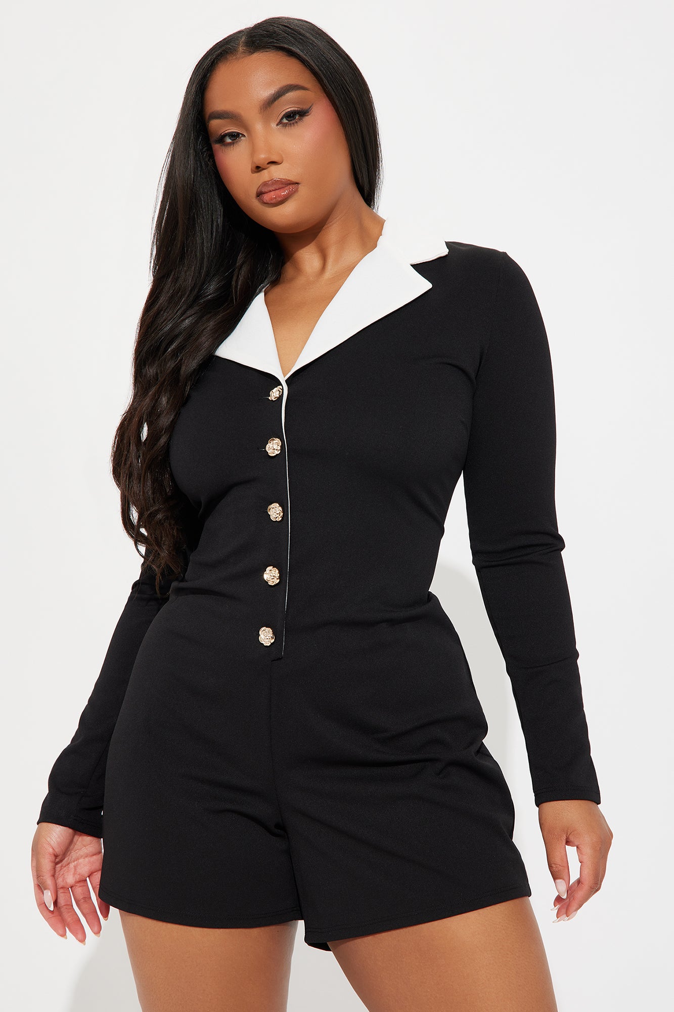 Molly Crepe Long Sleeve Romper - Black/White - Image 5