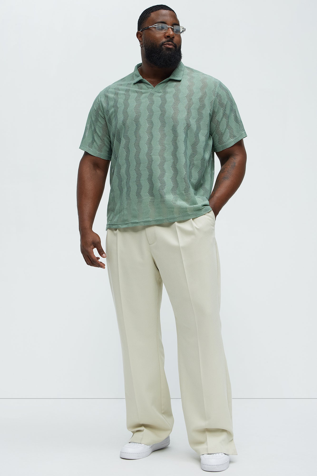 Wavy Crochet Lightweight Johnny Collar Shirt - Green - Image 6