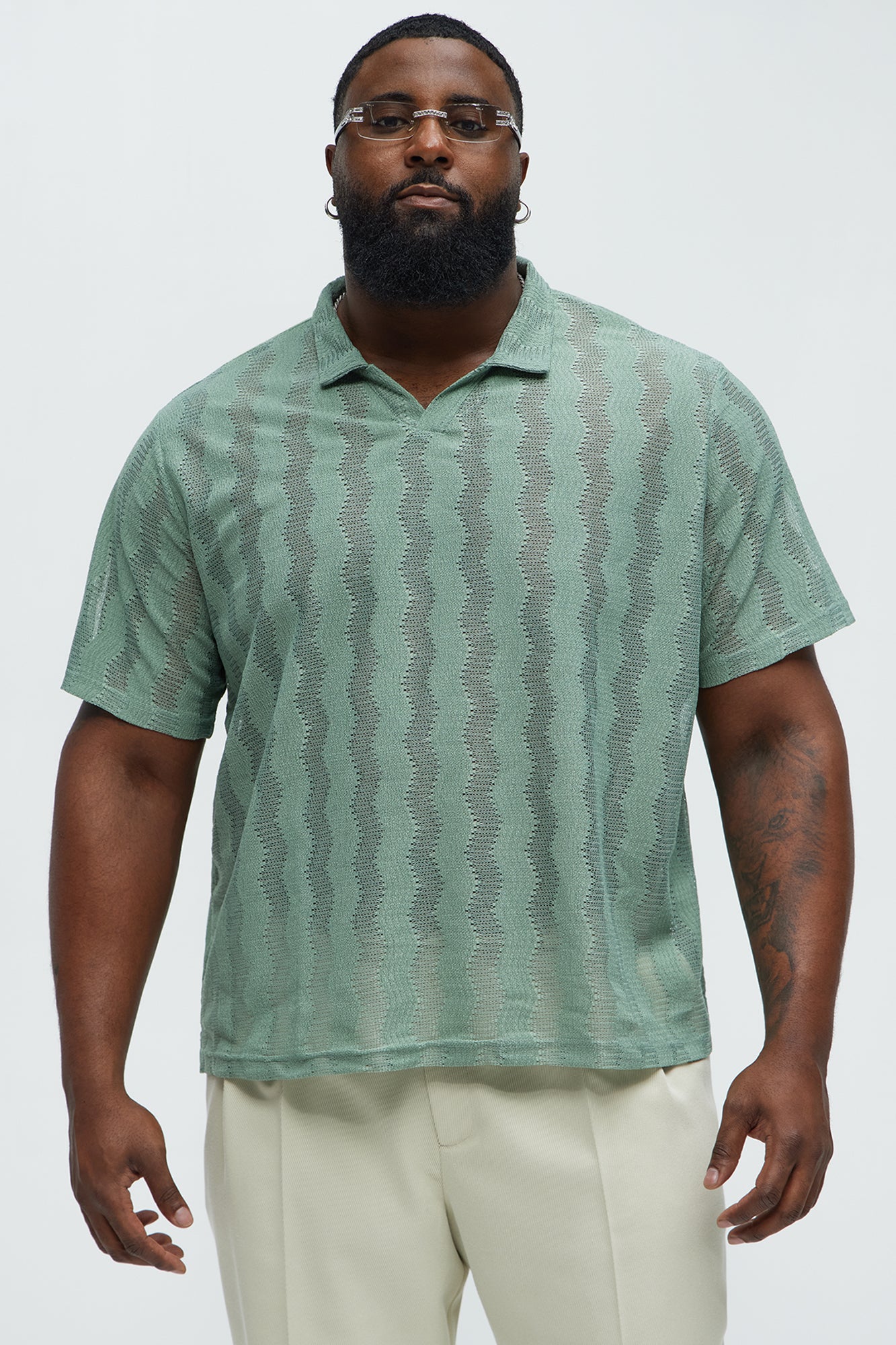 Wavy Crochet Lightweight Johnny Collar Shirt - Green - Image 5
