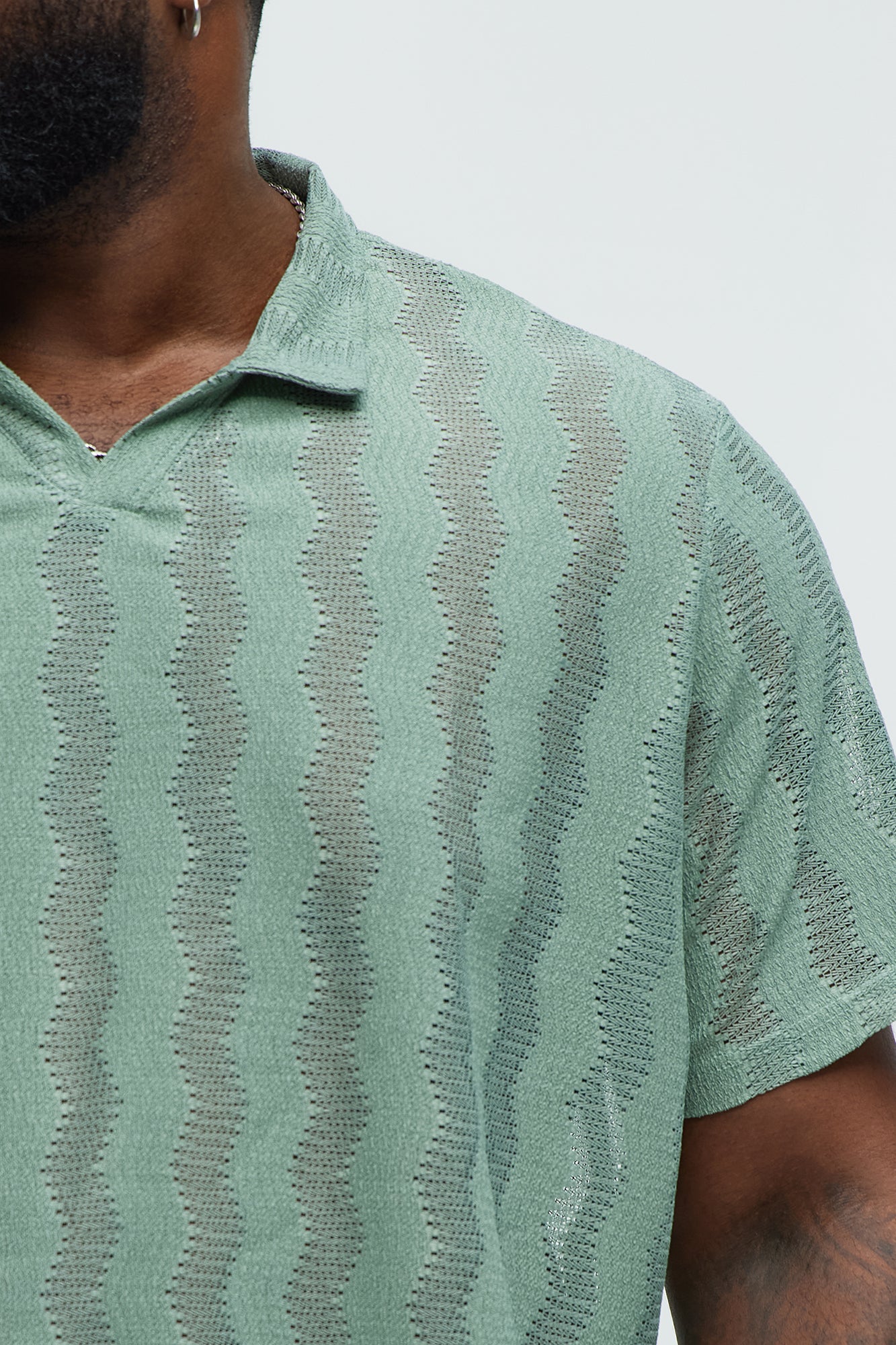 Wavy Crochet Lightweight Johnny Collar Shirt - Green - Image 7