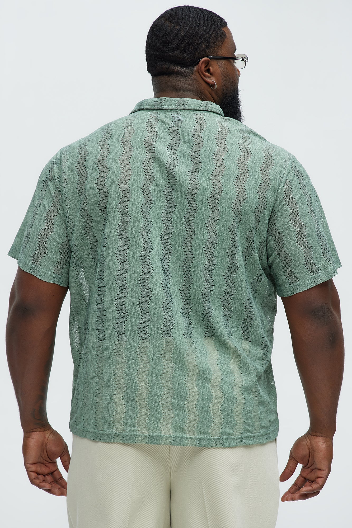 Wavy Crochet Lightweight Johnny Collar Shirt - Green - Image 8