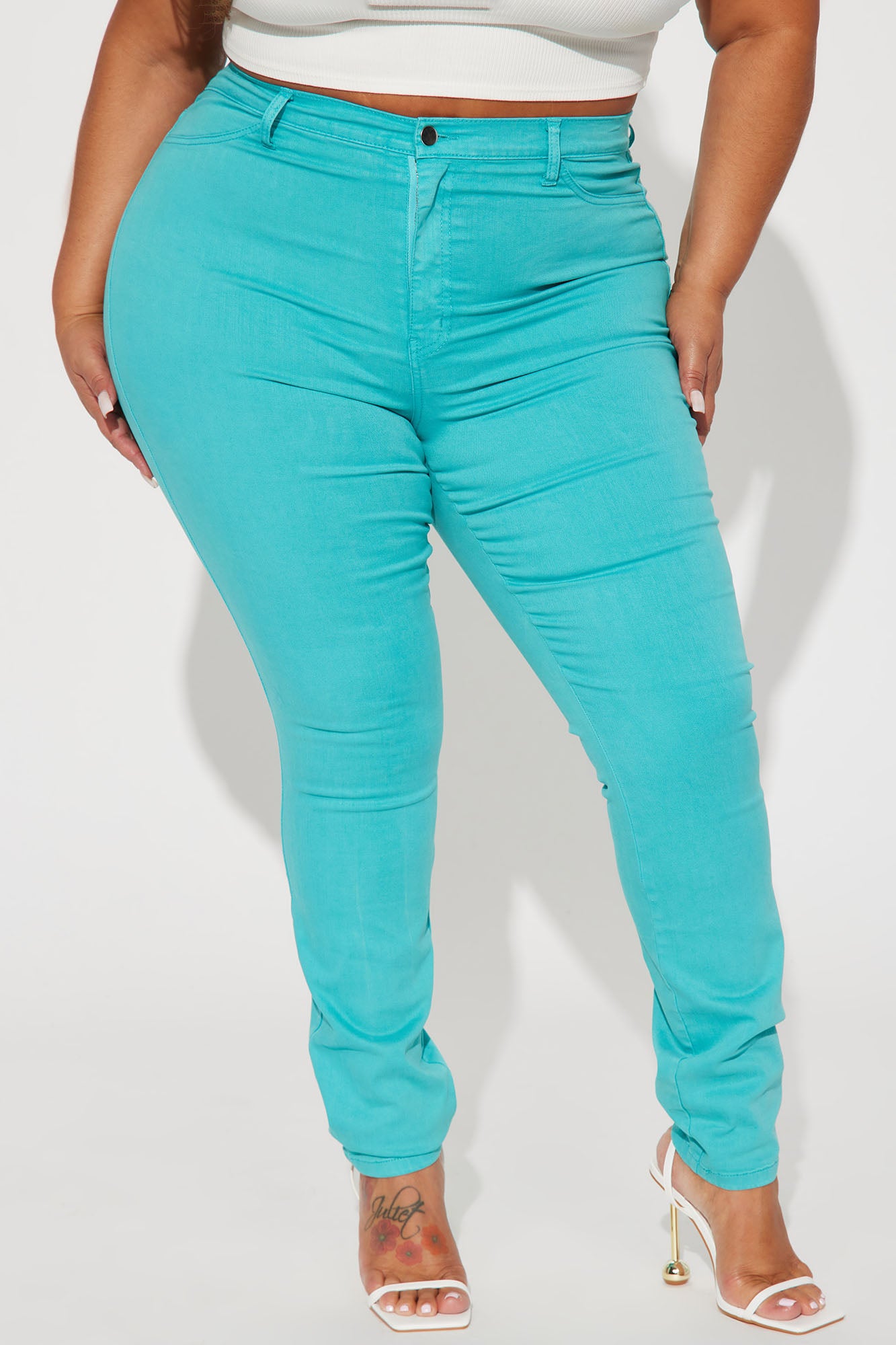 Classic Color High Waist Skinny Jeans - Aqua - Image 5