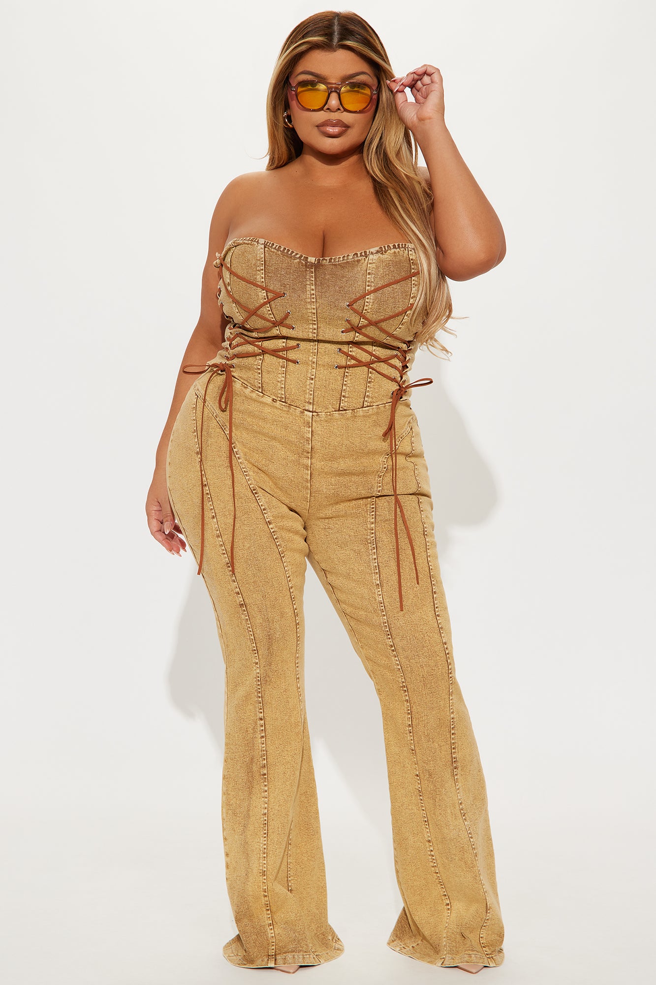 Meet Me In The Desert Denim Jumpsuit - Tan - Image 4