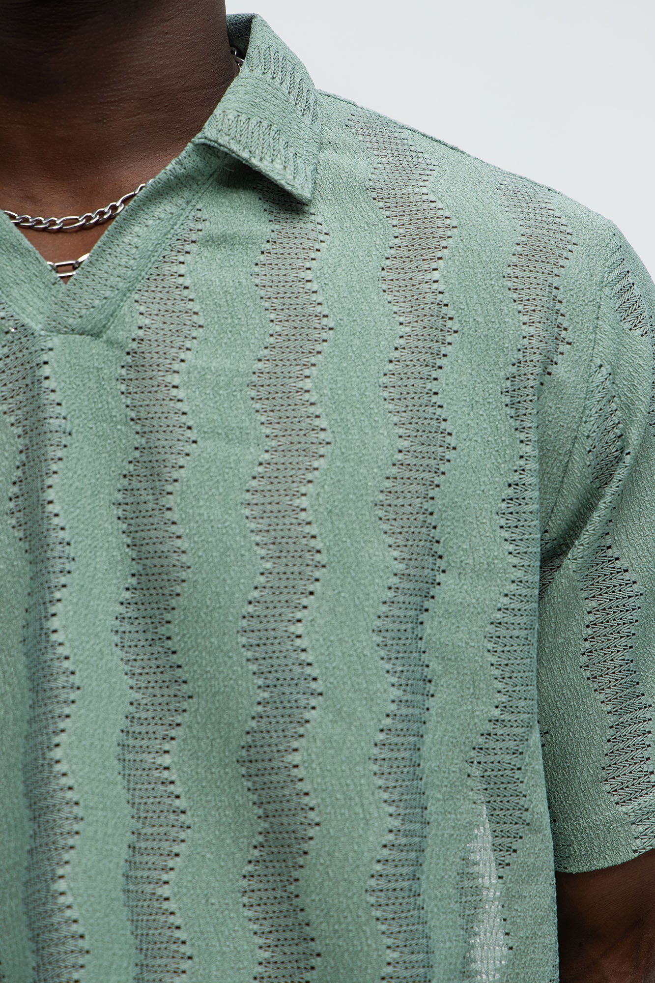 Wavy Crochet Lightweight Johnny Collar Shirt - Green - Image 3