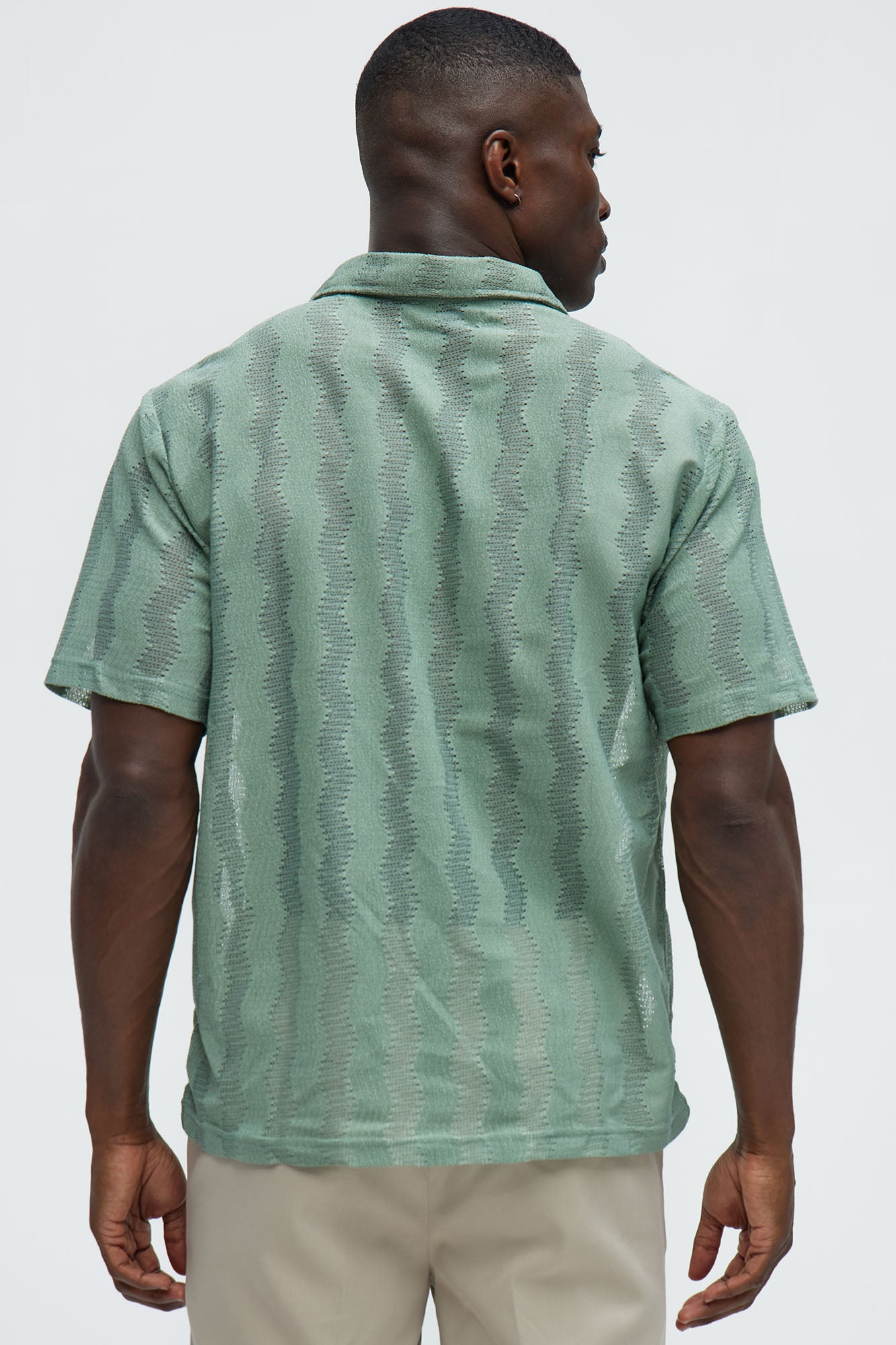Wavy Crochet Lightweight Johnny Collar Shirt - Green - Image 4
