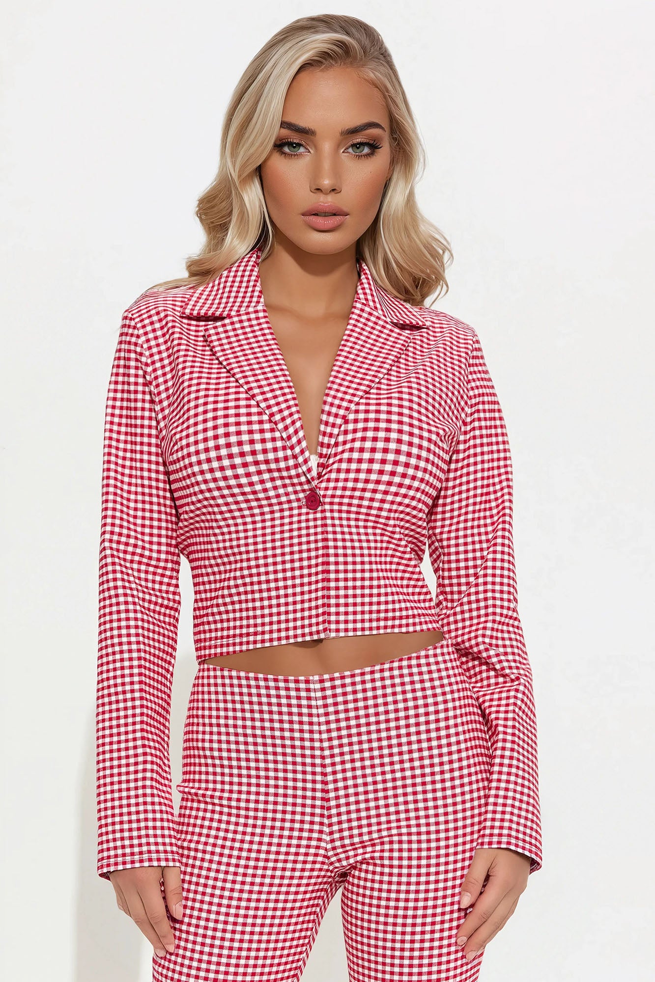Mariana Gingham Blazer Capri Set - Red/combo - Image 3