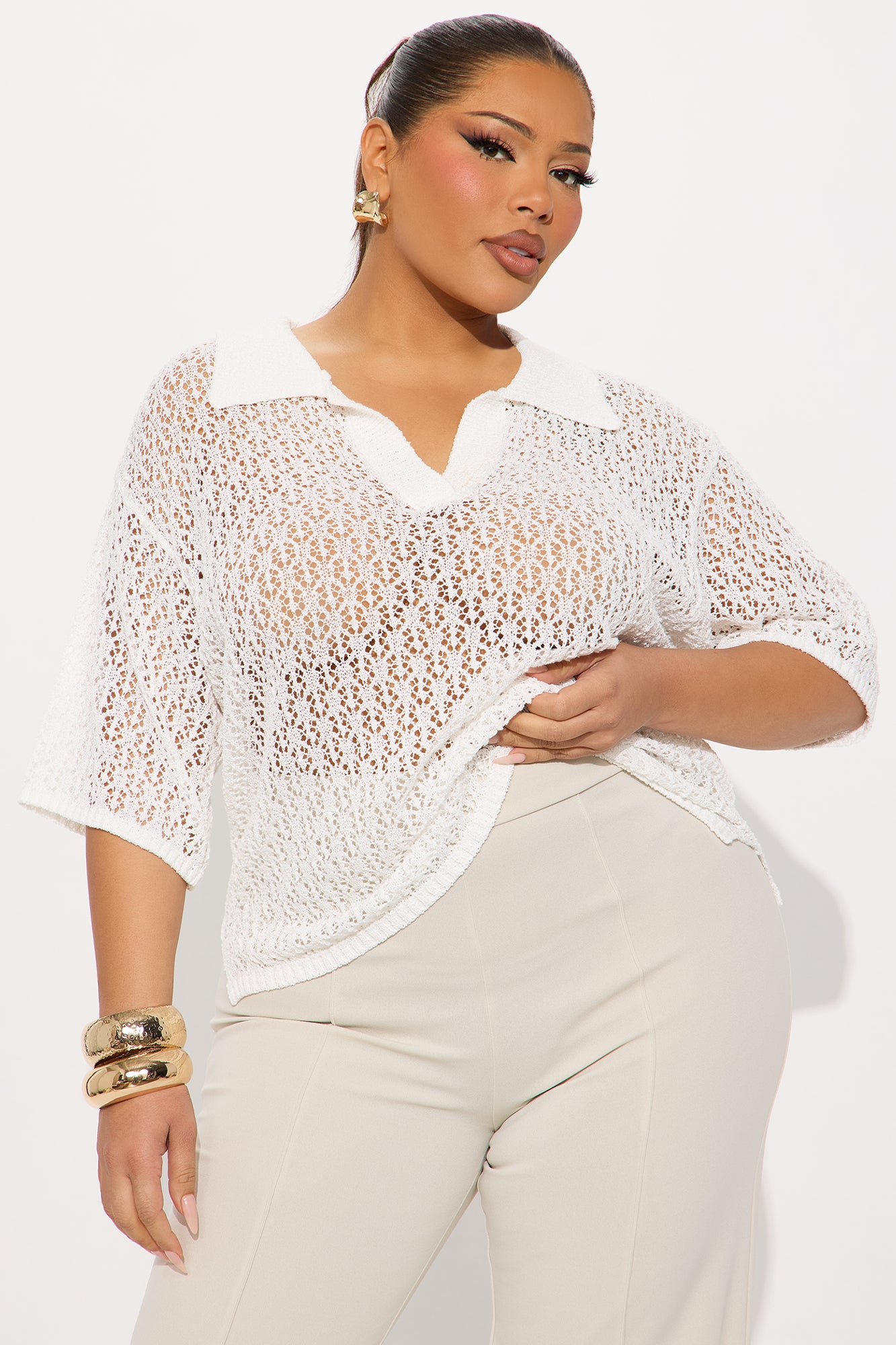 Ines Crochet Polo Top - White - Image 4