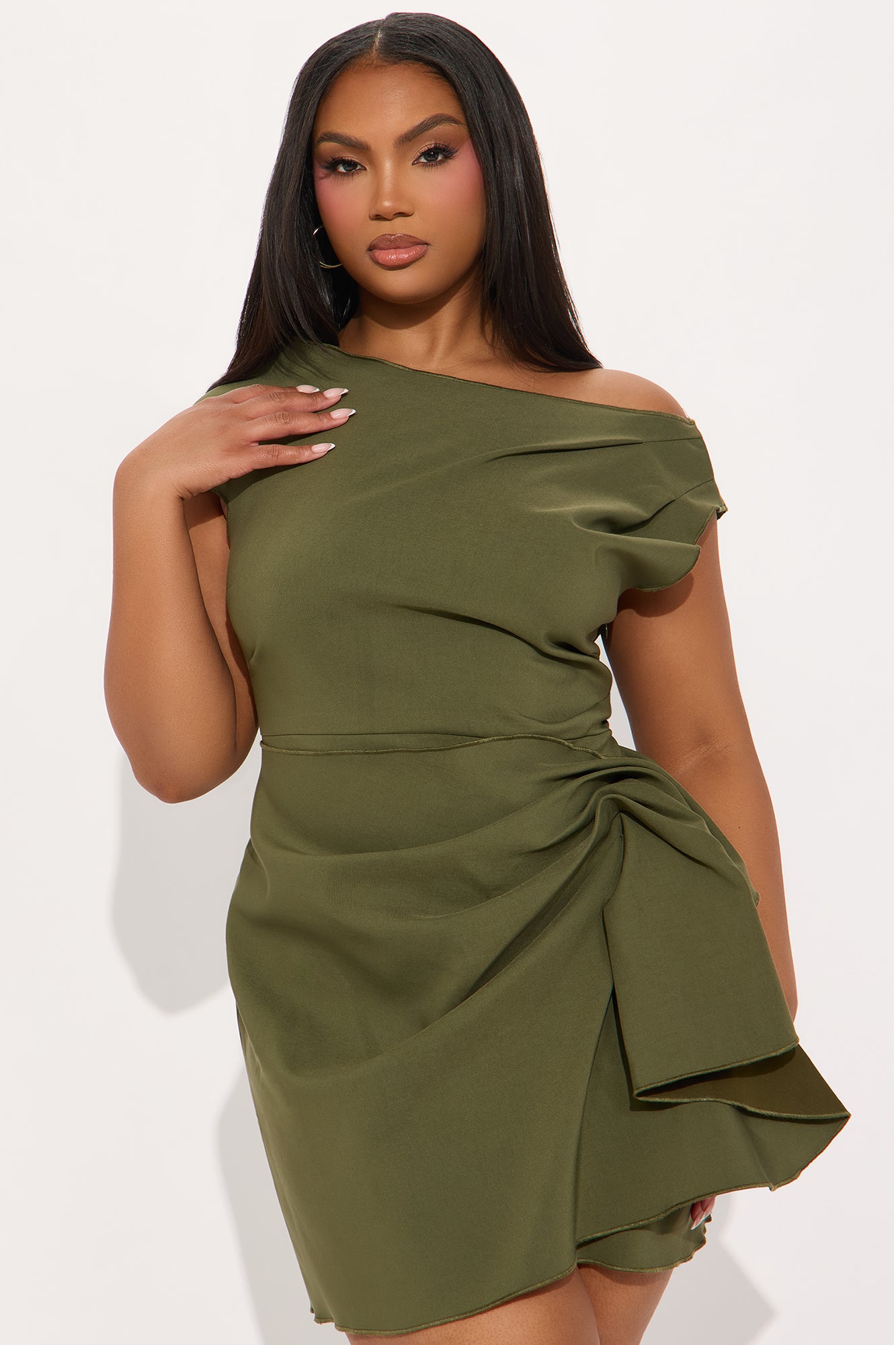 Feel The Vibe Ruched Mini Dress - Olive - Image 5