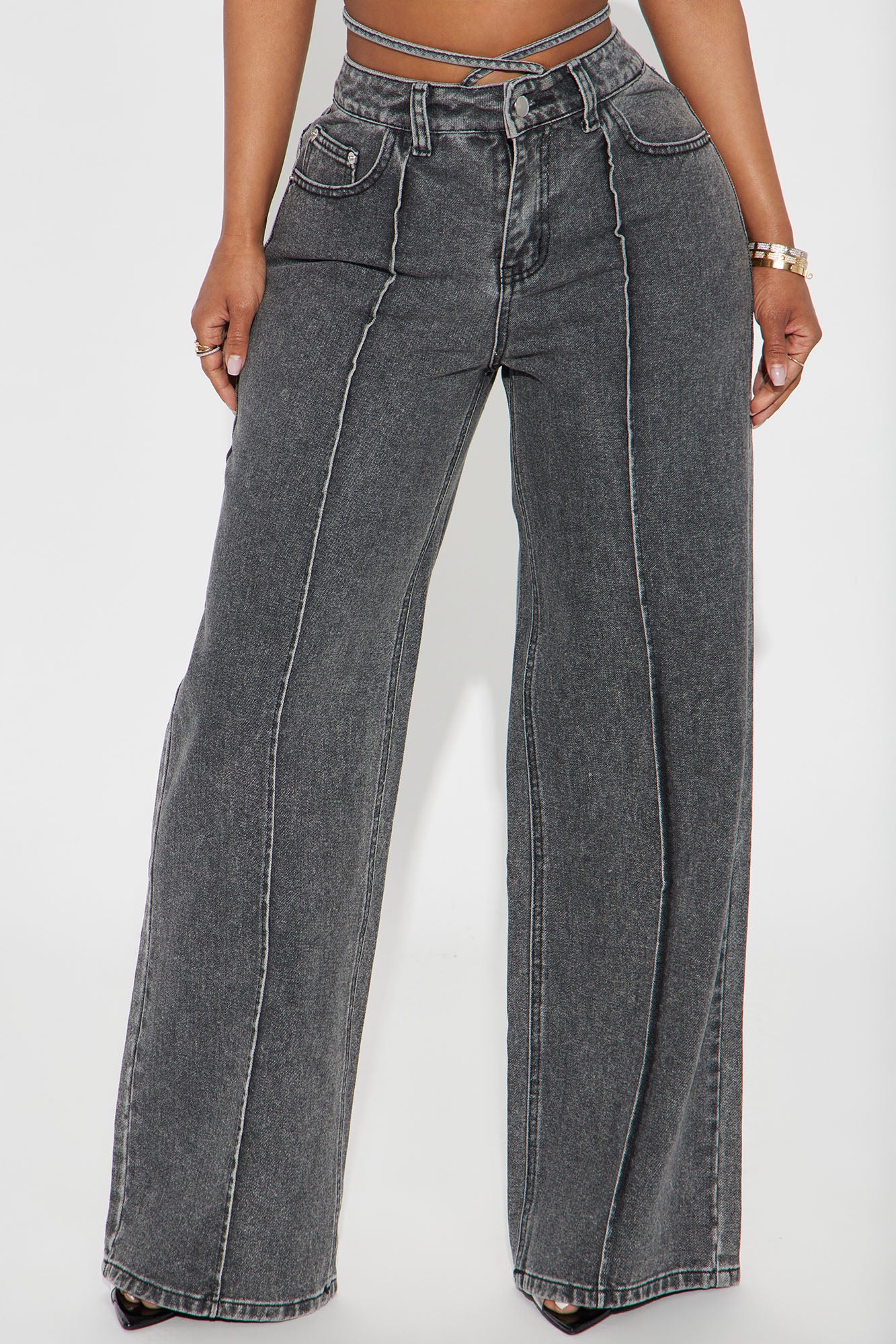 Cross Your Mind Non Stretch Wide Leg Jeans - Grey - Image 3
