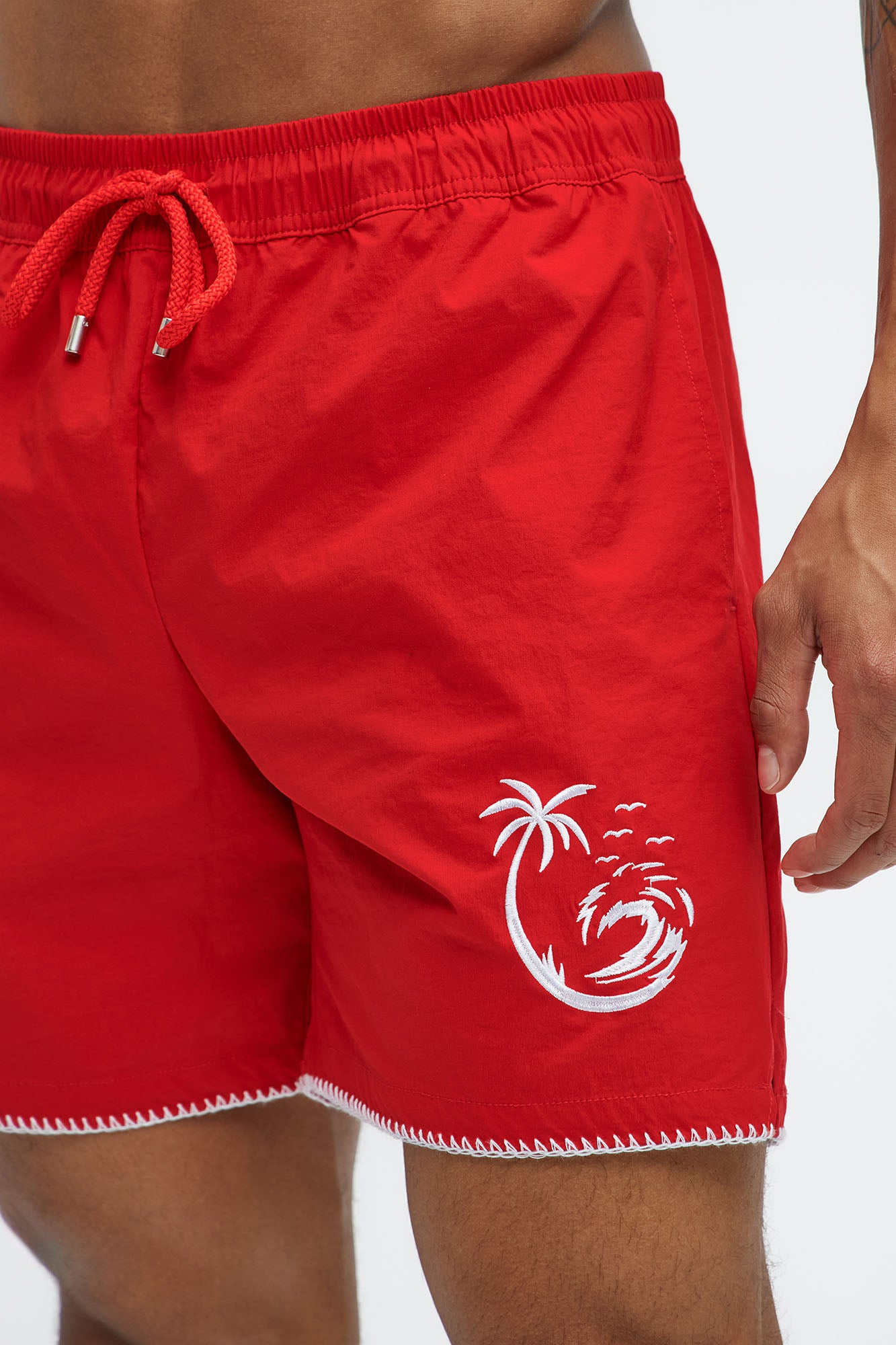 Palm Embroidered Swim Mid Trunk - Red - Image 3
