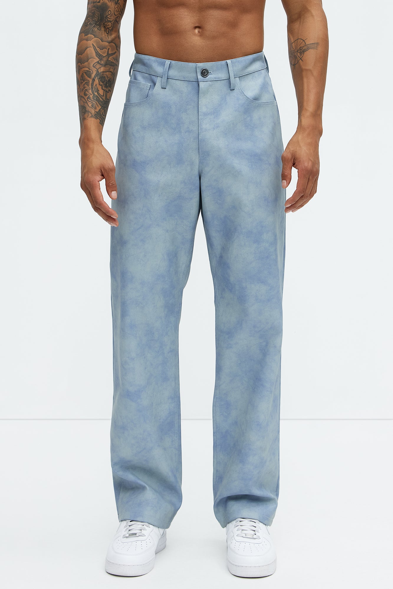 Cloud Wash Faux Leather Straight Pants - Blue - Image 3