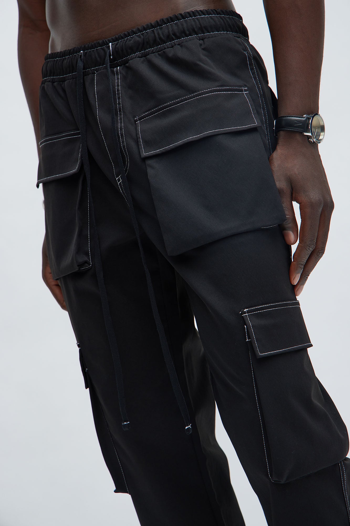 Curtis Contrast Stitch Relaxed Cargo Pants - Black - Image 3