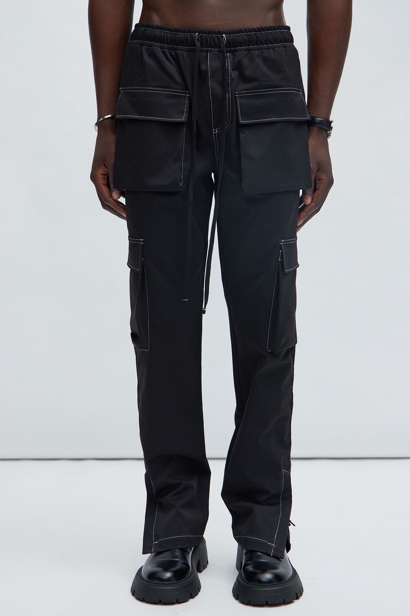 Curtis Contrast Stitch Relaxed Cargo Pants - Black - Image 5