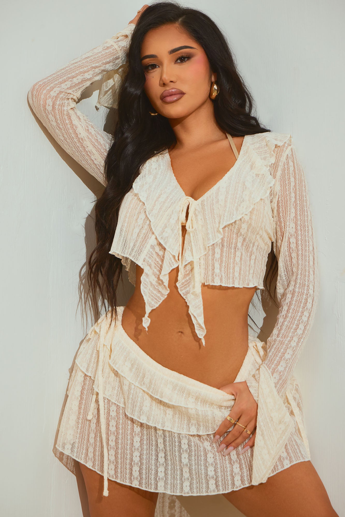 Camelia Lace Ruffle Cover Up Skirt Set - Cream - Image 6