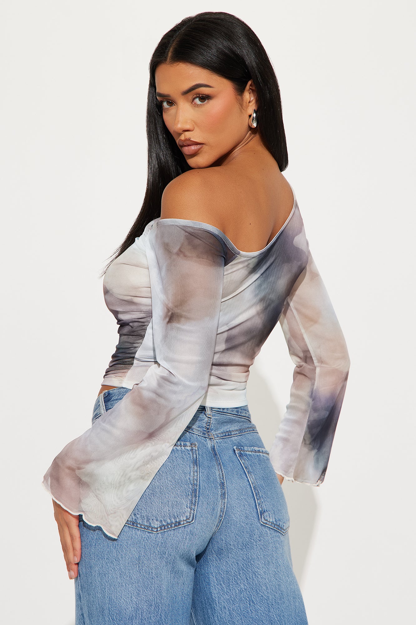 Amy Long Sleeve Mesh Off Shoulder Top - Multi Color - Image 3