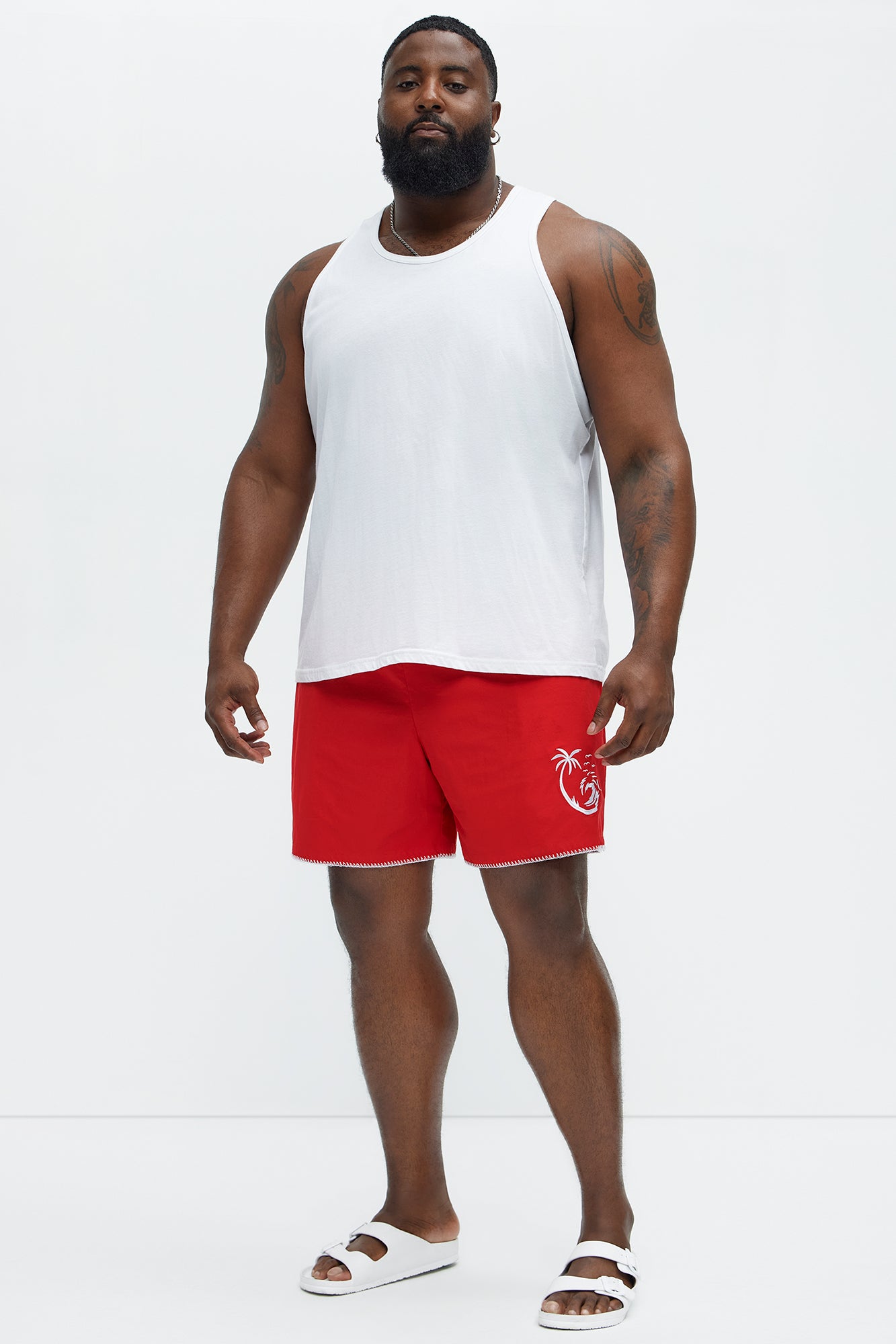 Palm Embroidered Swim Mid Trunk - Red - Image 6
