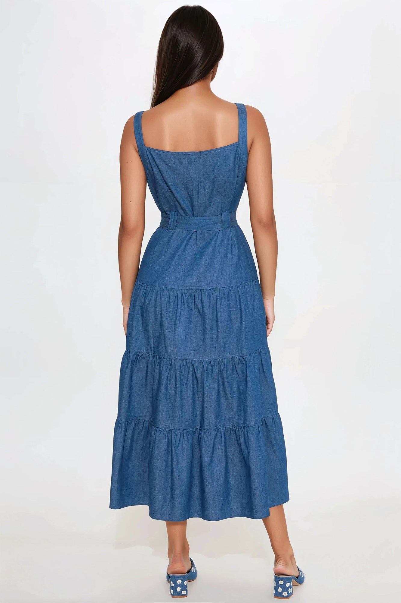 Nyla Tiered Denim Midi Dress - Medium Wash - Image 3