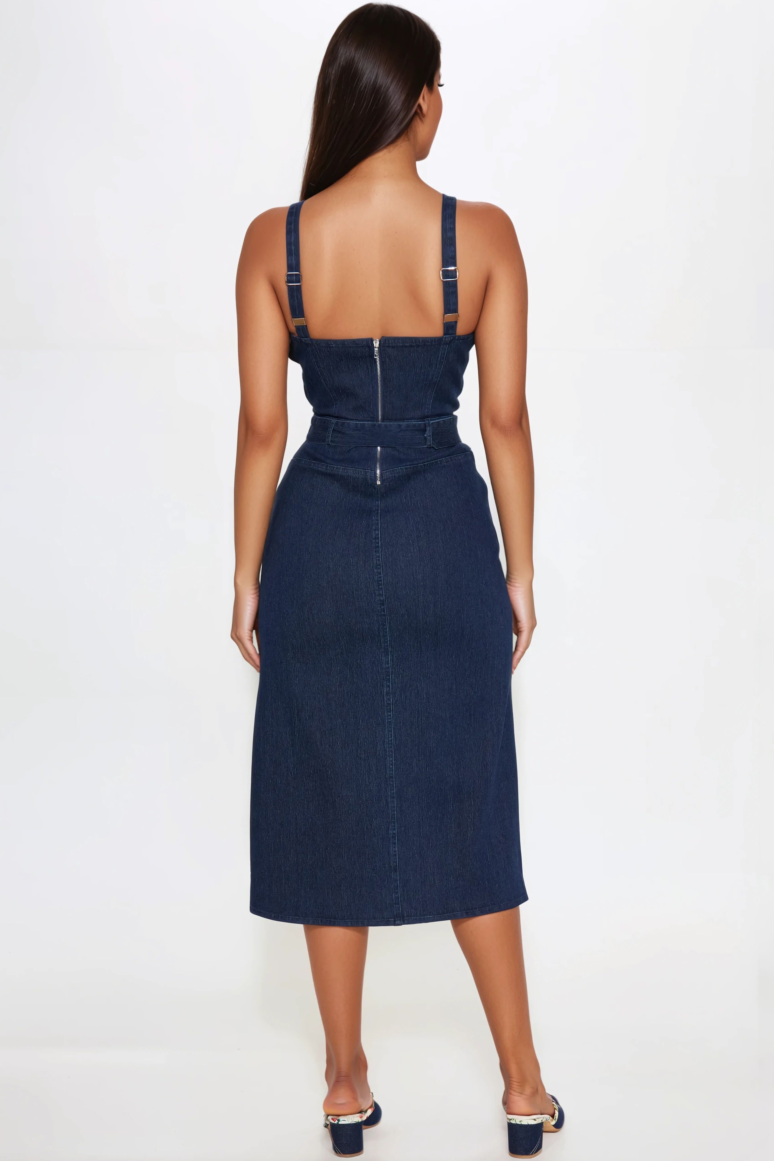 Sade Belted Denim Midi Dress - Dark Wash - Image 3