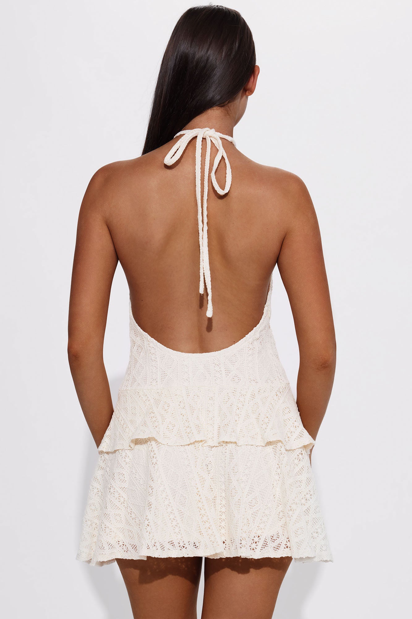 Trinity Halter Crochet Mini Dress - Cream - Image 3