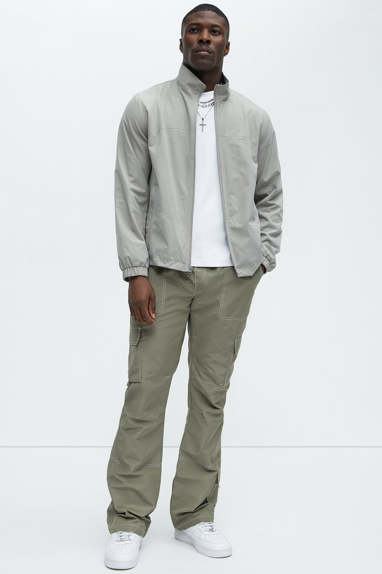 Contrast Stitch Nylon Flared Cargo Pants - Grey - Image 3