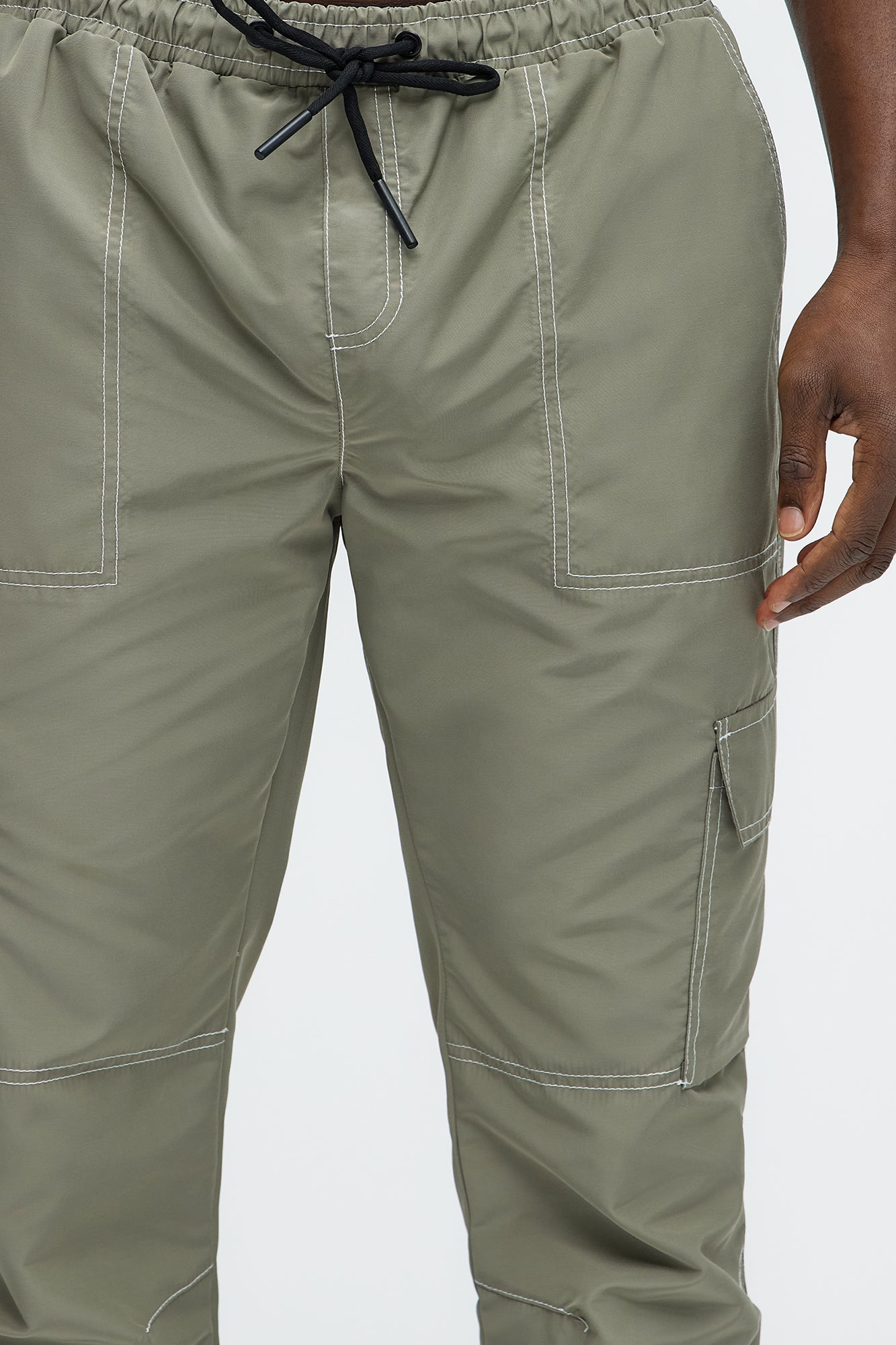 Contrast Stitch Nylon Flared Cargo Pants - Grey - Image 4
