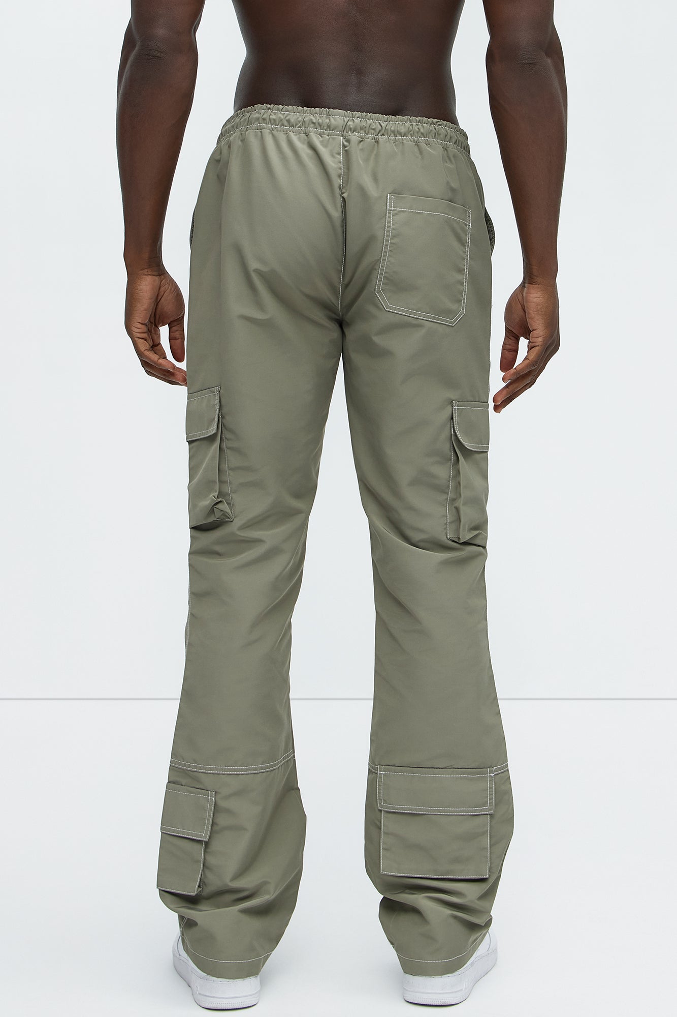 Contrast Stitch Nylon Flared Cargo Pants - Grey - Image 5