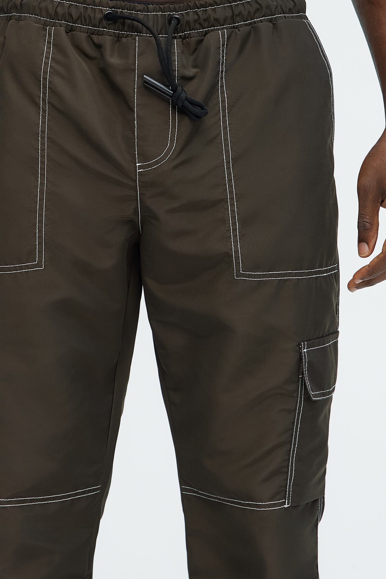 Contrast Stitch Nylon Flared Cargo Pants - Brown - Image 4