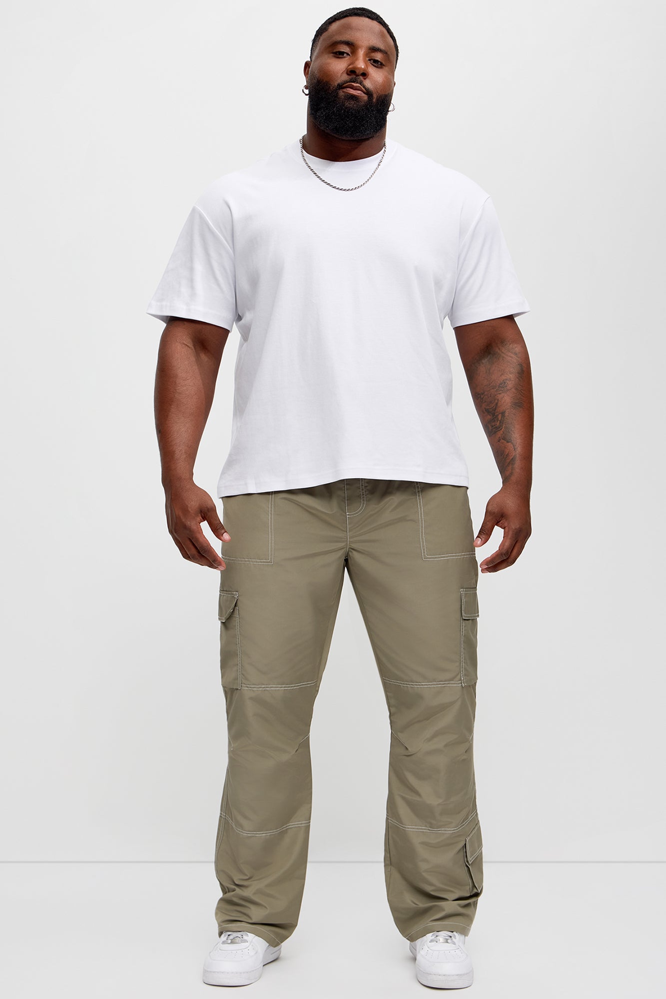 Contrast Stitch Nylon Flared Cargo Pants - Grey - Image 7