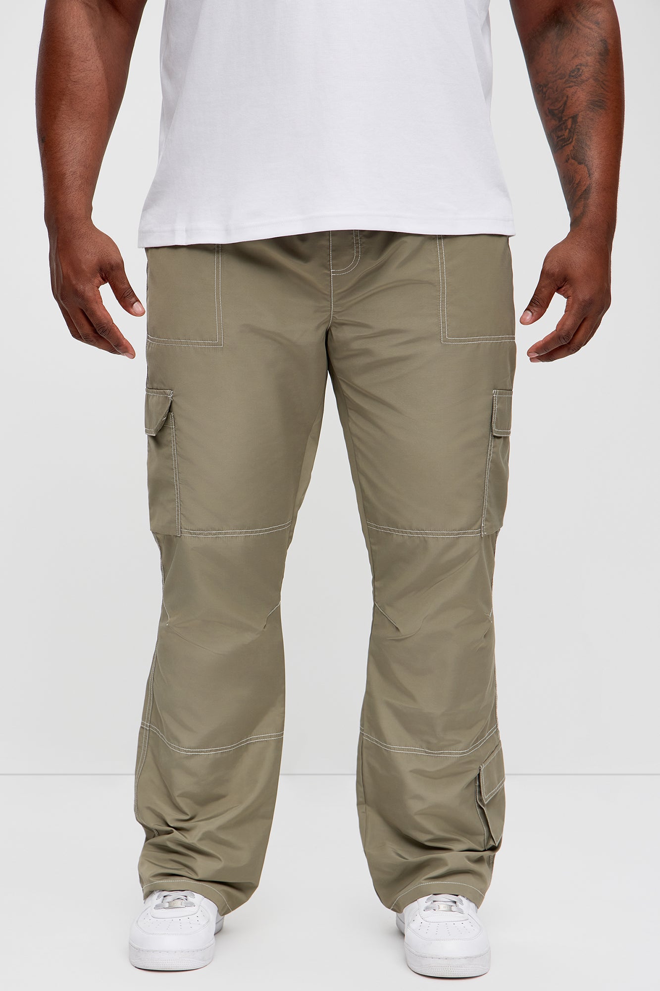 Contrast Stitch Nylon Flared Cargo Pants - Grey - Image 6