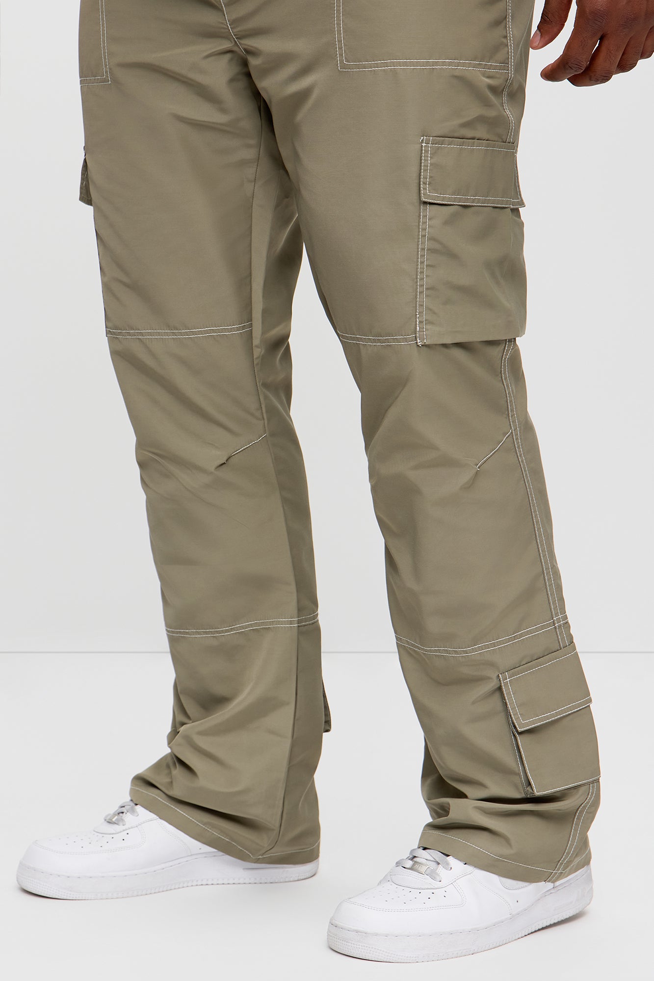 Contrast Stitch Nylon Flared Cargo Pants - Grey - Image 8