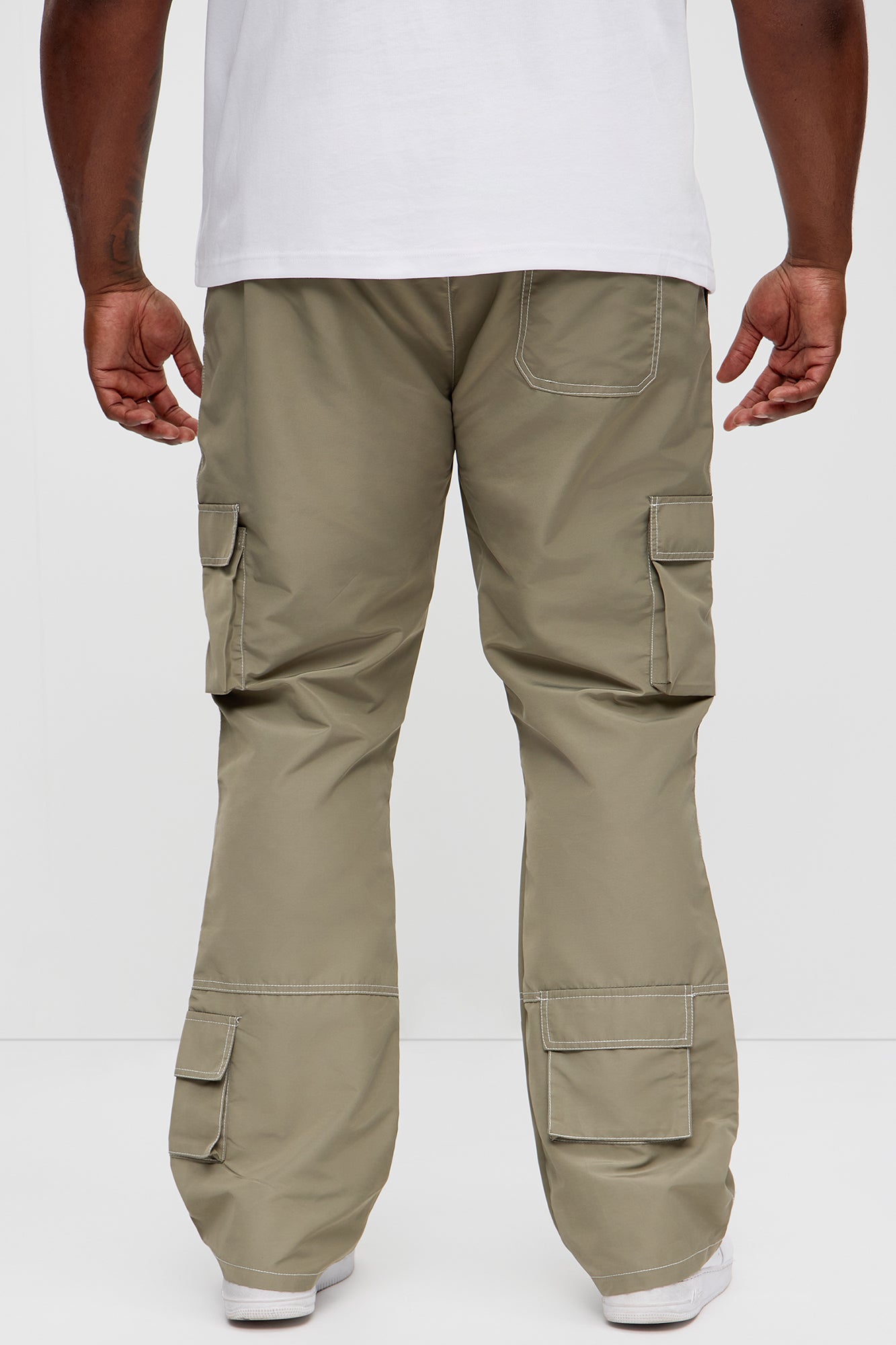 Contrast Stitch Nylon Flared Cargo Pants - Grey - Image 9