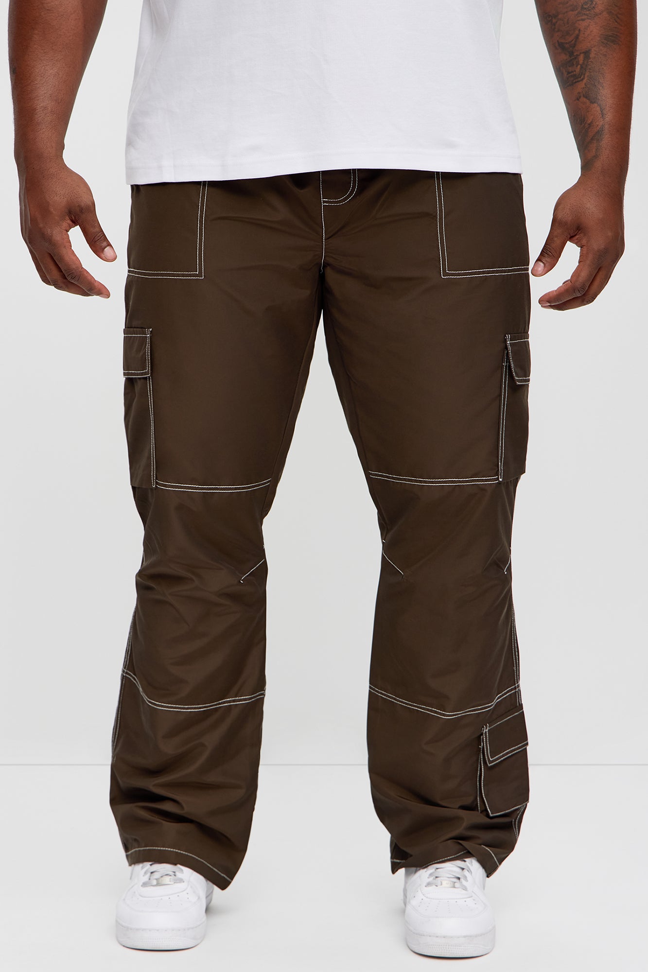 Contrast Stitch Nylon Flared Cargo Pants - Brown - Image 6