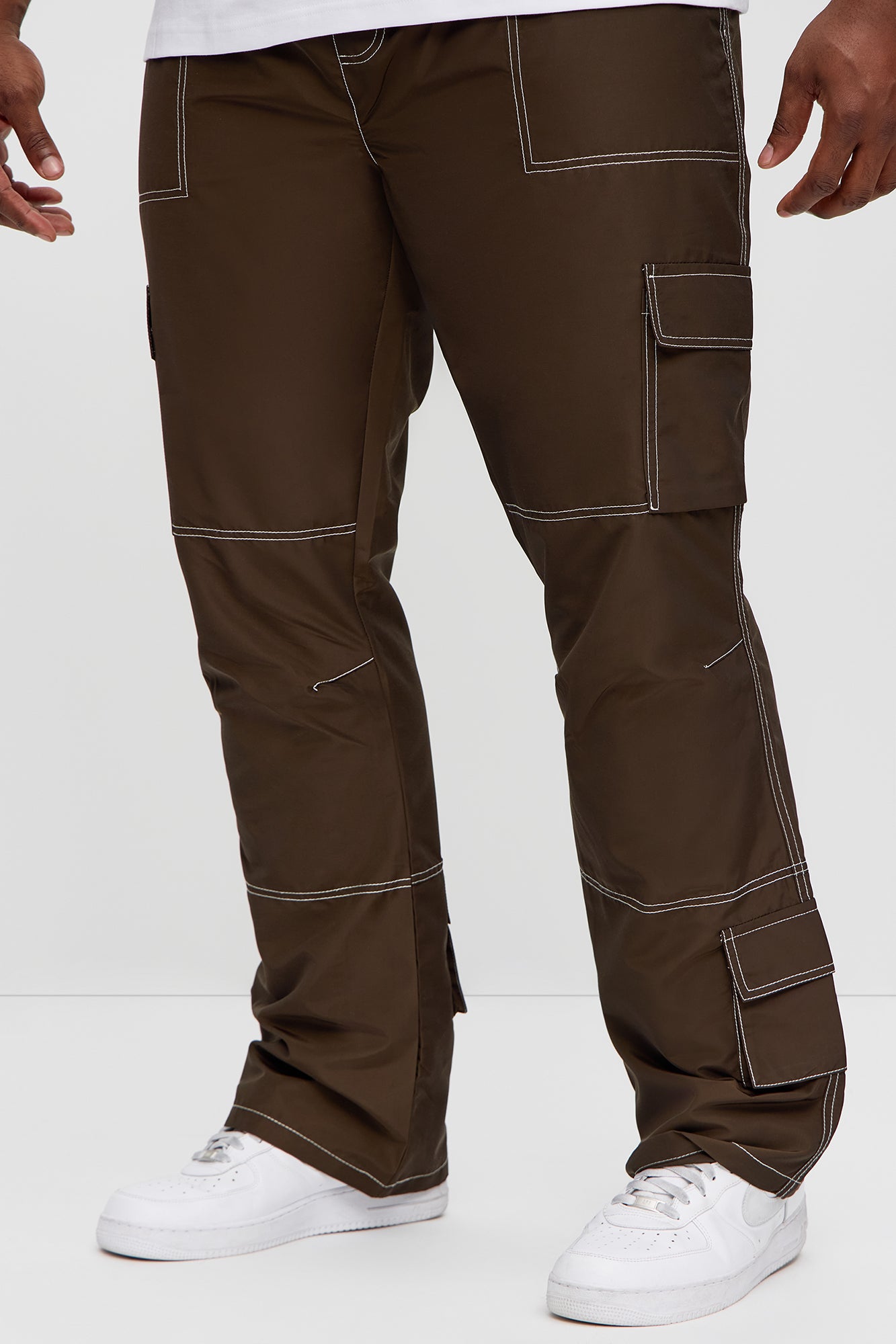 Contrast Stitch Nylon Flared Cargo Pants - Brown - Image 8
