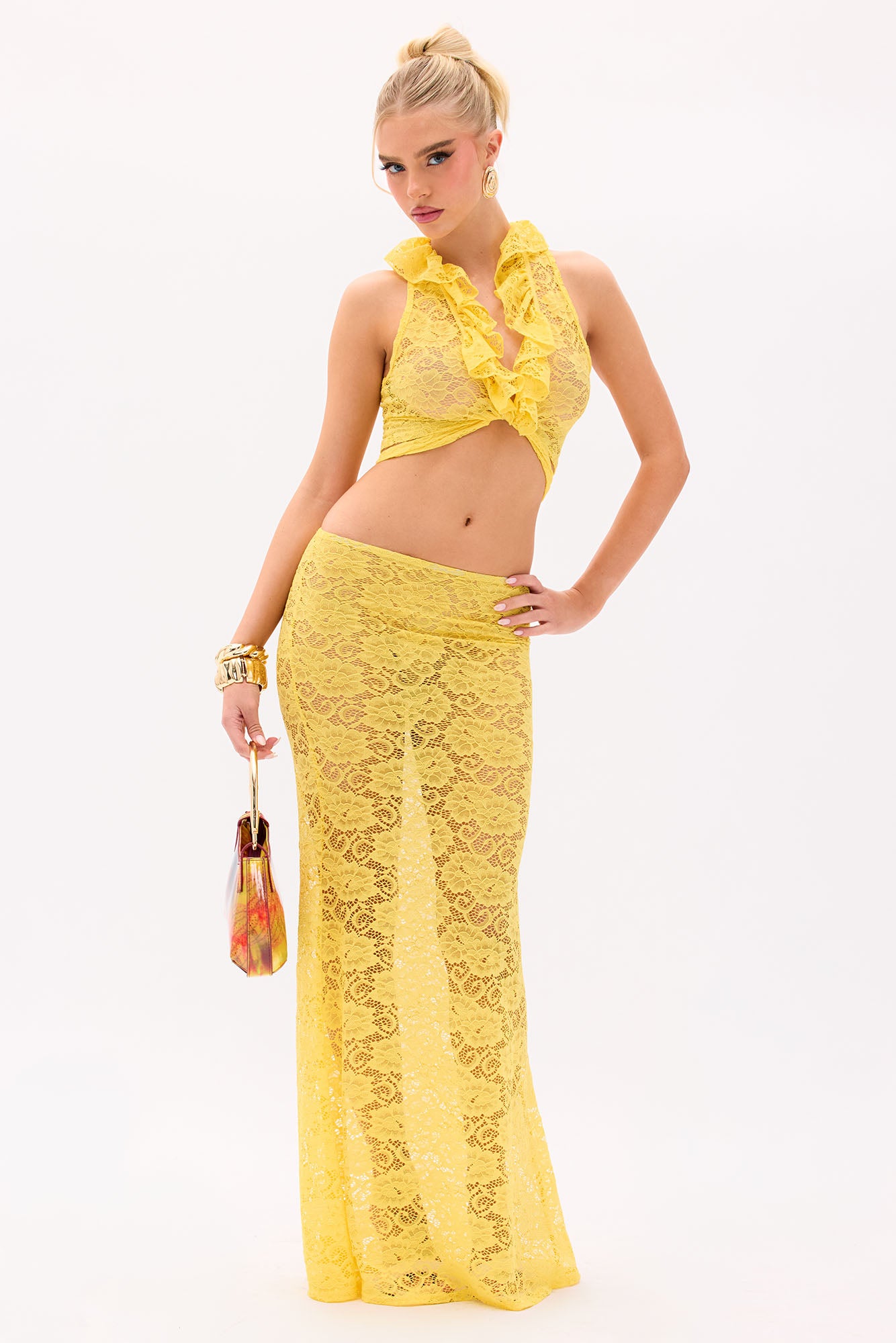 Gisella Ruffle Lace Cover Up Skirt Set - Yellow - Image 4