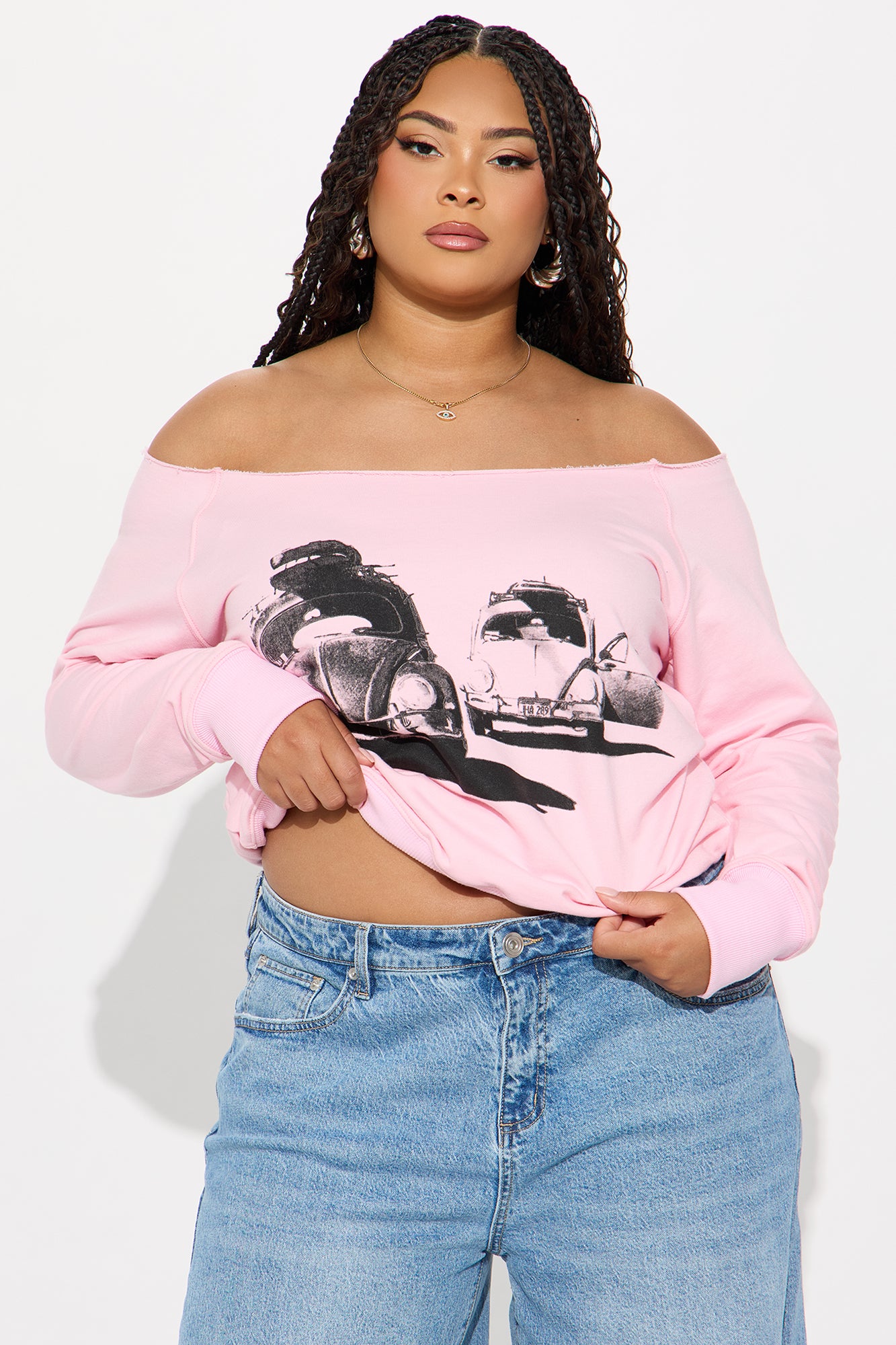 Vintage Highway Cruise Off Shoulder Sweatshirt - Pink - Image 5