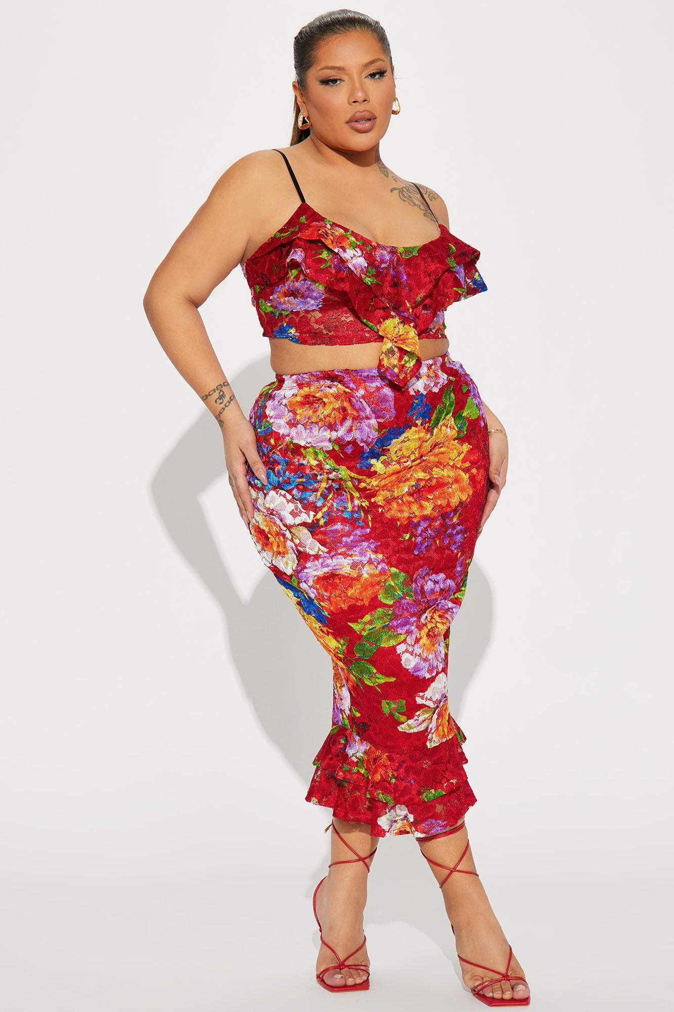 Floral Mindset Ruffle Skirt Set - Red/combo - Image 4