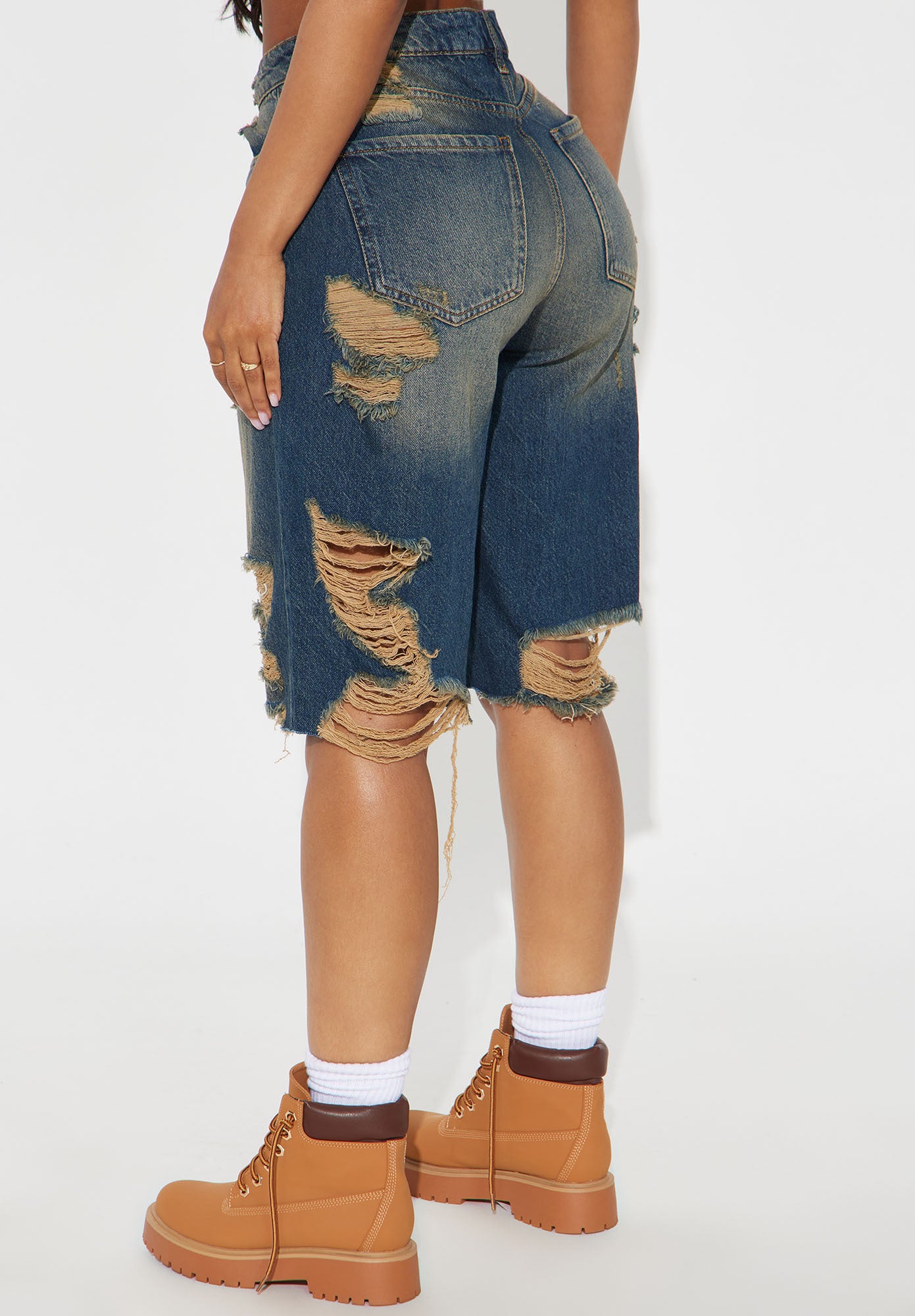 No Service Non Stretch Ripped Denim Jorts - Dark Wash - Image 3