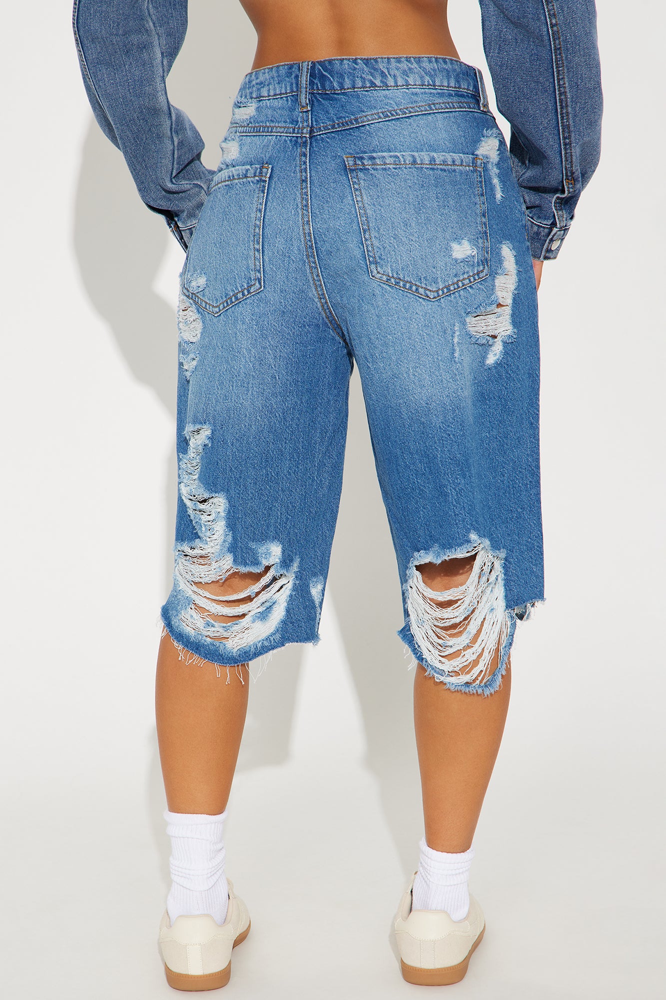 Back In Time Ripped Non Stretch Denim Jorts - Dark Wash - Image 3