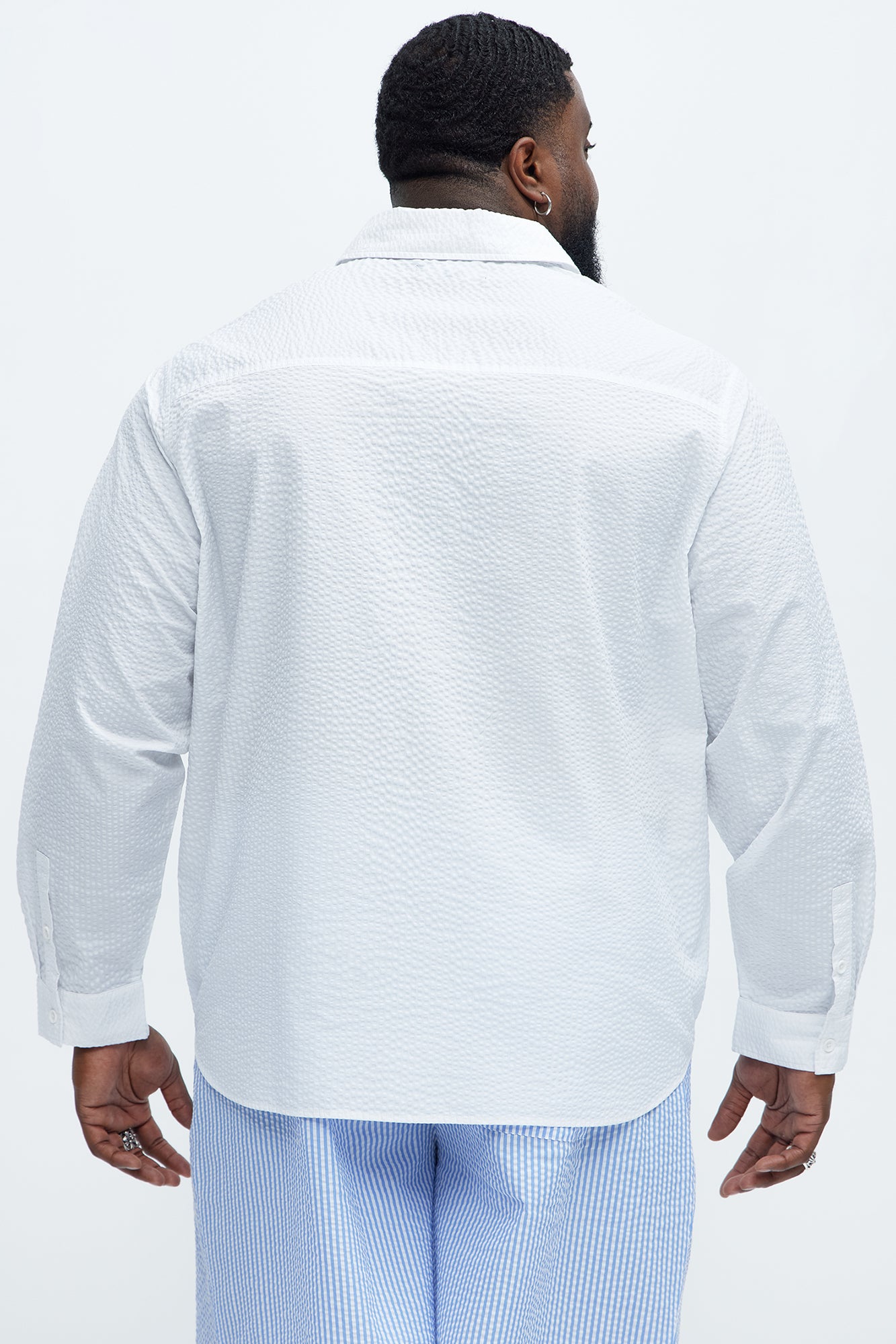 Seersucker Long Sleeve Button Up Shirt - White - Image 9